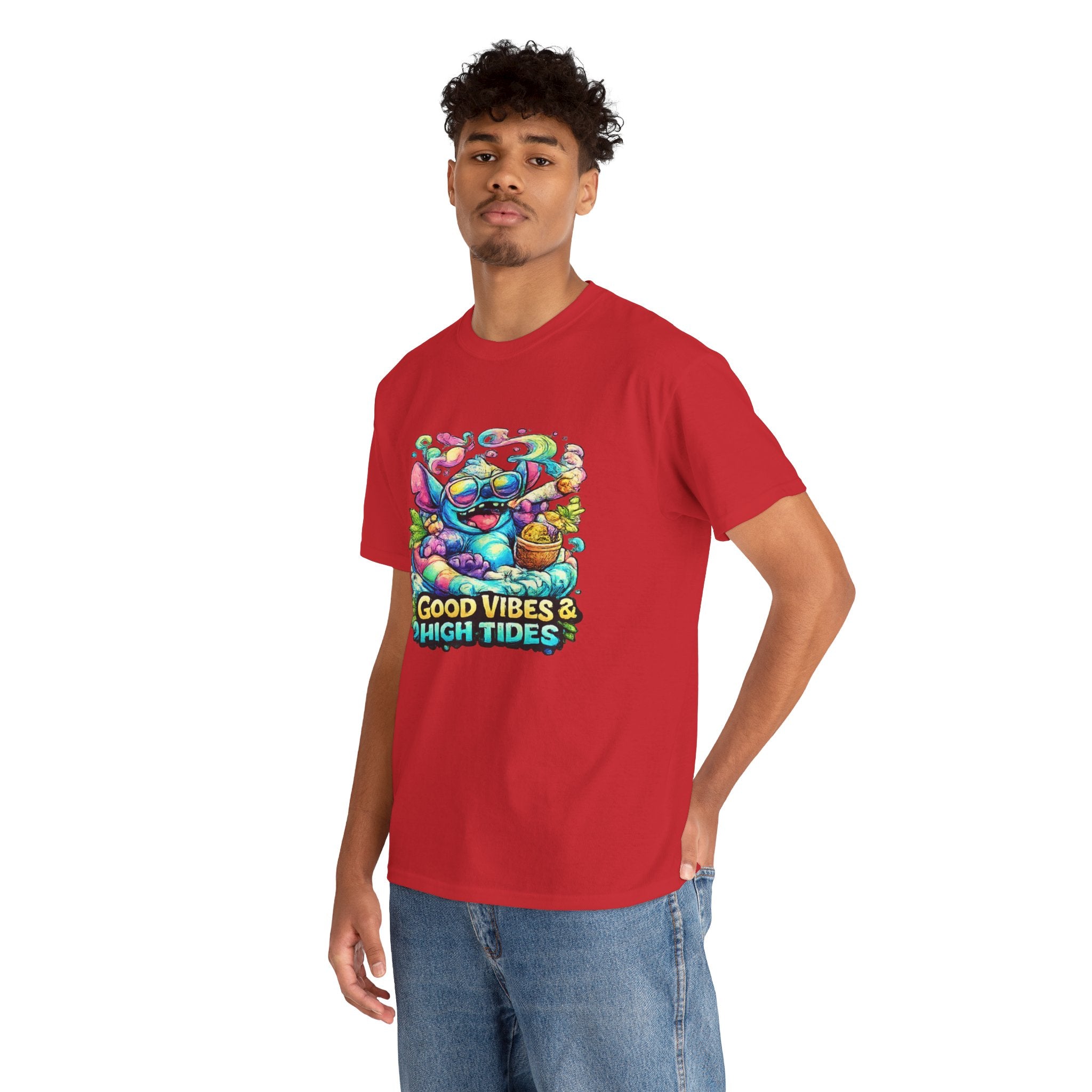 T-Shirt — "Good Vibes & High Tides" Colorful Surf Shark Graphic Tee