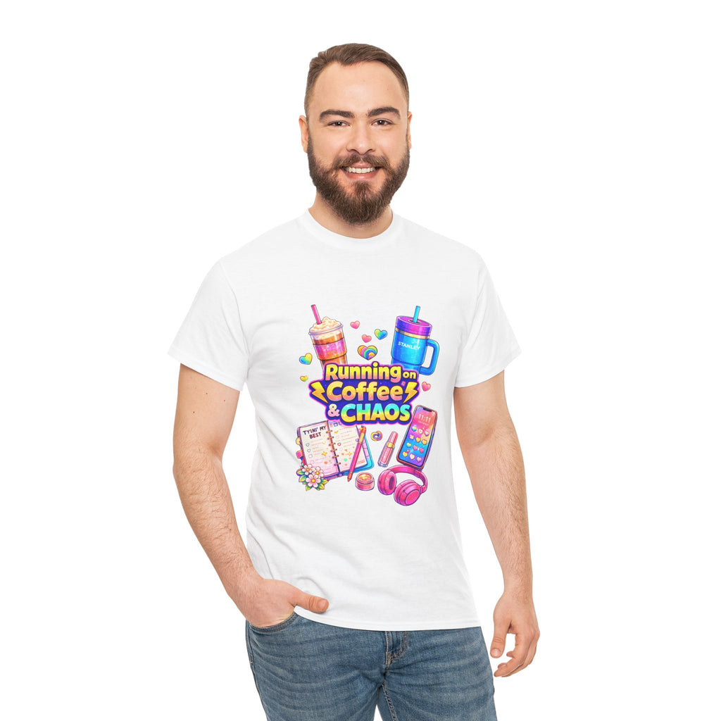 Graphic Tee — "Running on Coffee & Chaos" Colorful Planner Lover Shirt