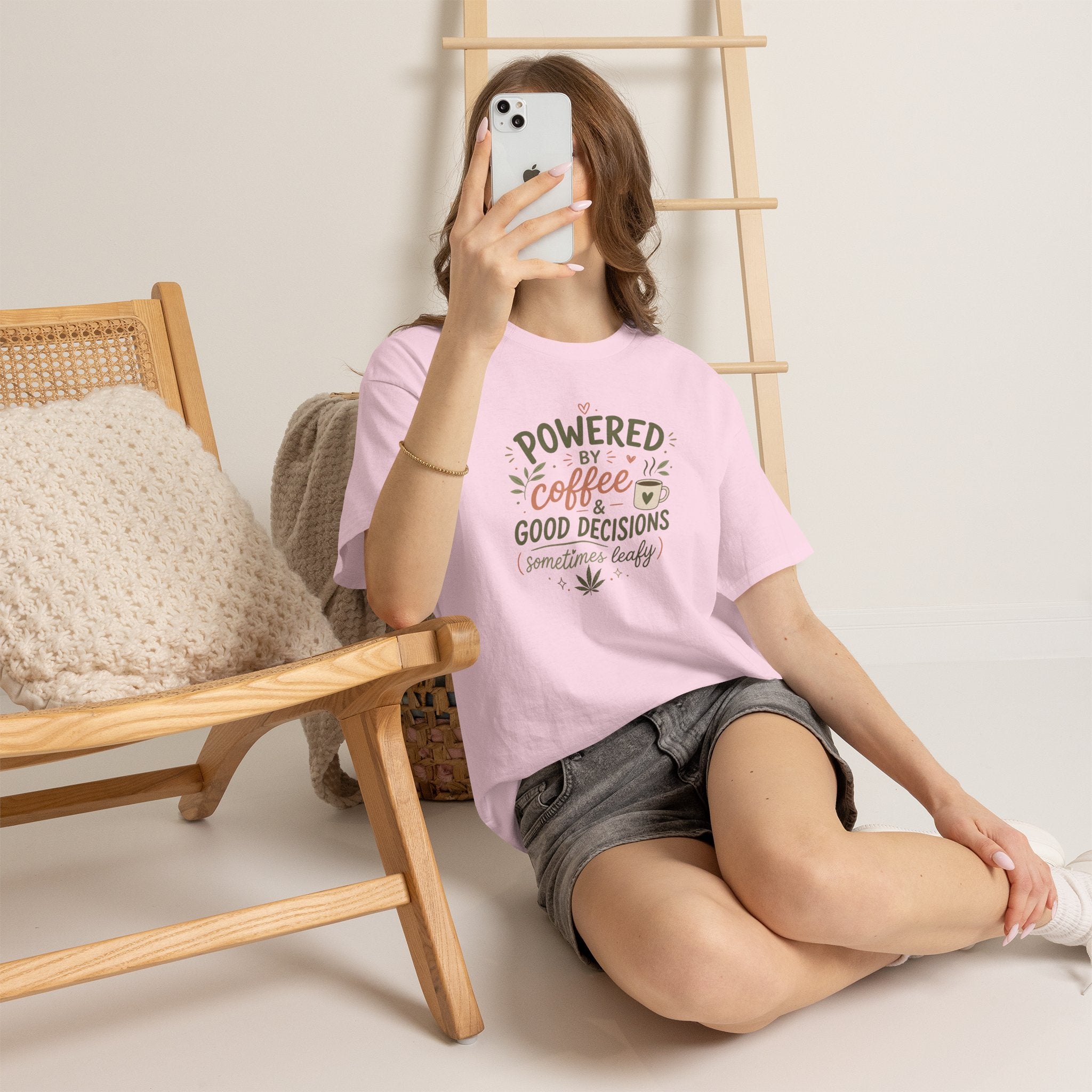 Coffee & Good Decisions T-Shirt — "Powered by Coffee & Good Decisions (Sometimes Leafy)"