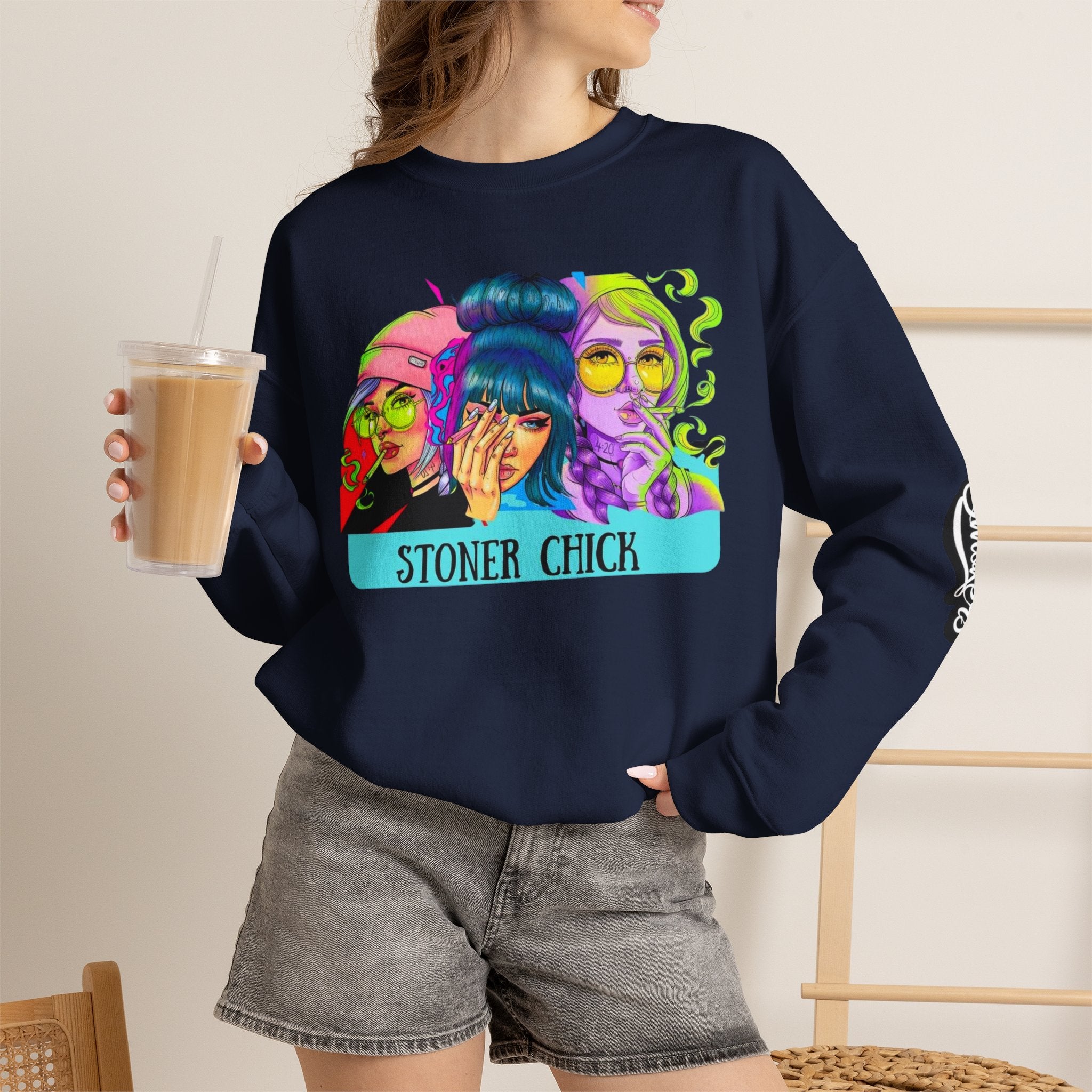 Stoner Chicks Crewneck Sweatshirt — Retro Cannabis Graphic