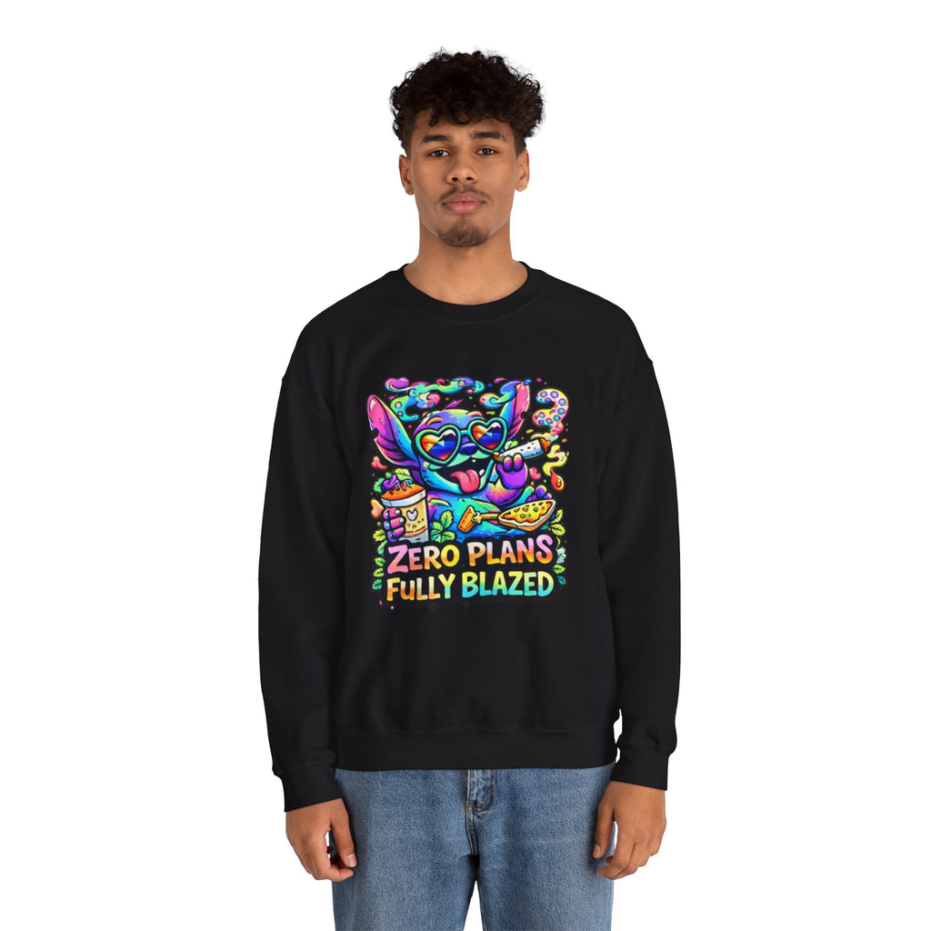 Crewneck Sweatshirt — "Zero Plans Fully Blazed" Colorful Stoner Cartoon Graphic