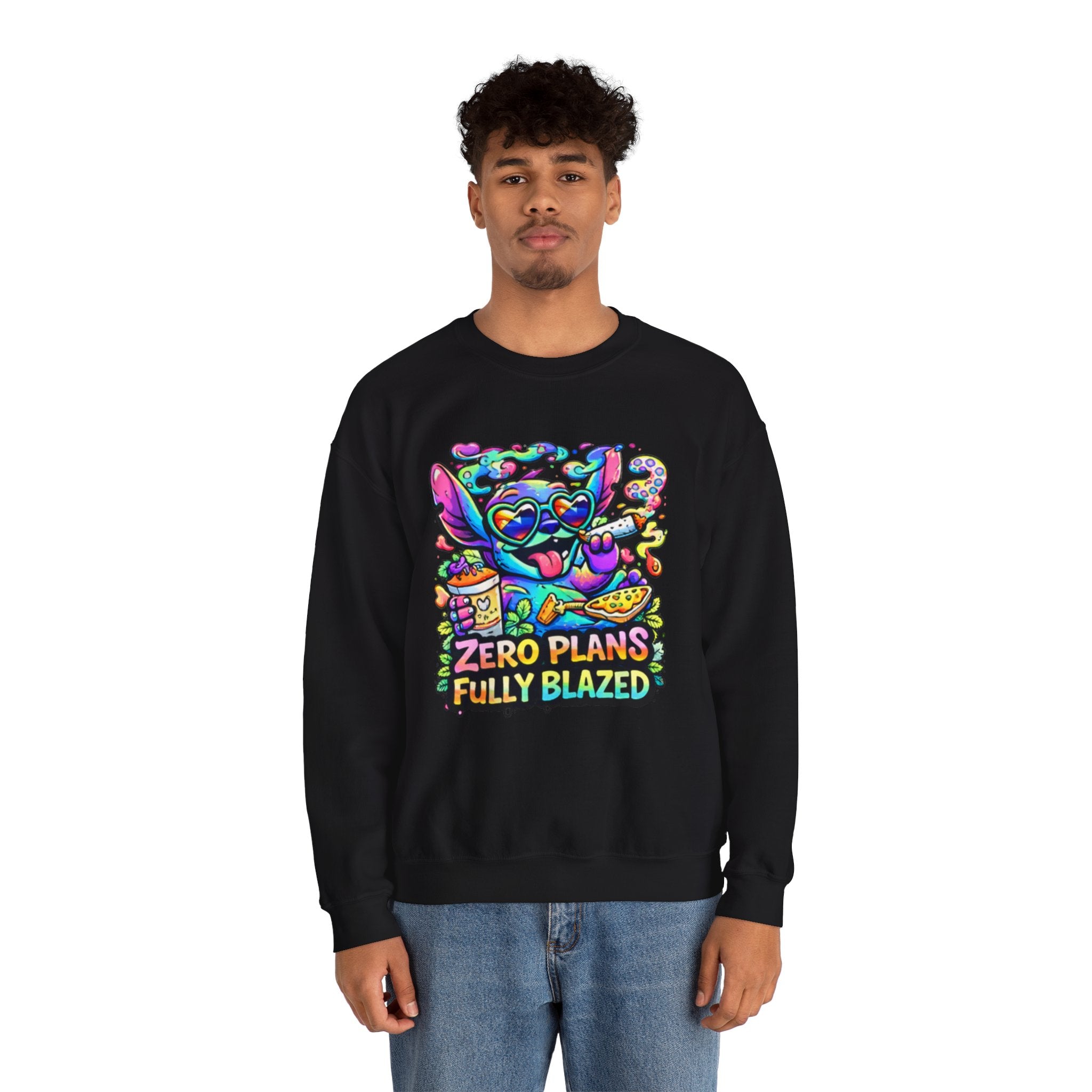 Crewneck Sweatshirt — "Zero Plans Fully Blazed" Colorful Stoner Cartoon Graphic