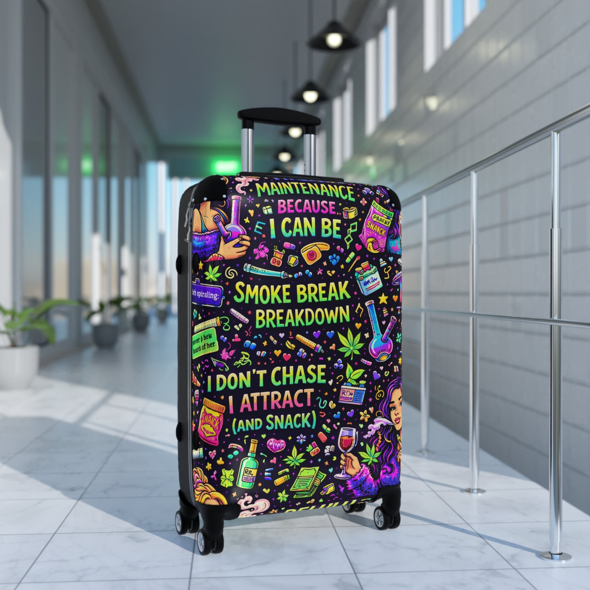Suitcase — Colorful Cannabis Self-Care Carry-On: "Maintenance Because I Can Be" Travel Luggage