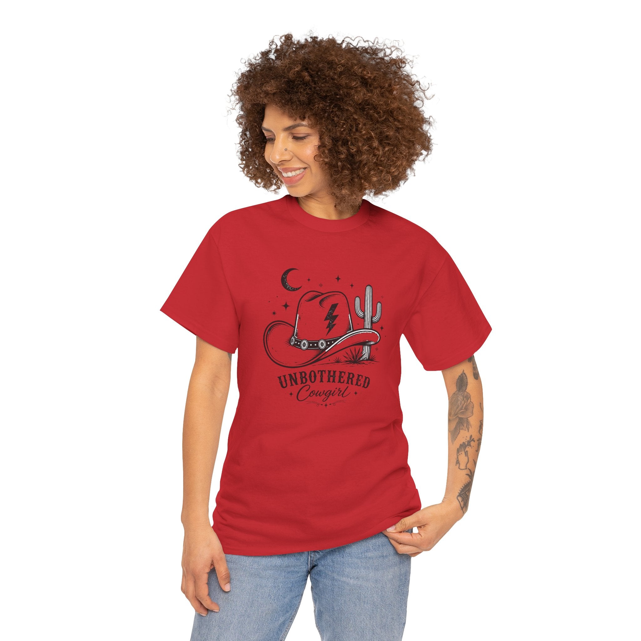 Unbothered Cowgirl Graphic Tee — Western Cowboy Hat & Cactus Design