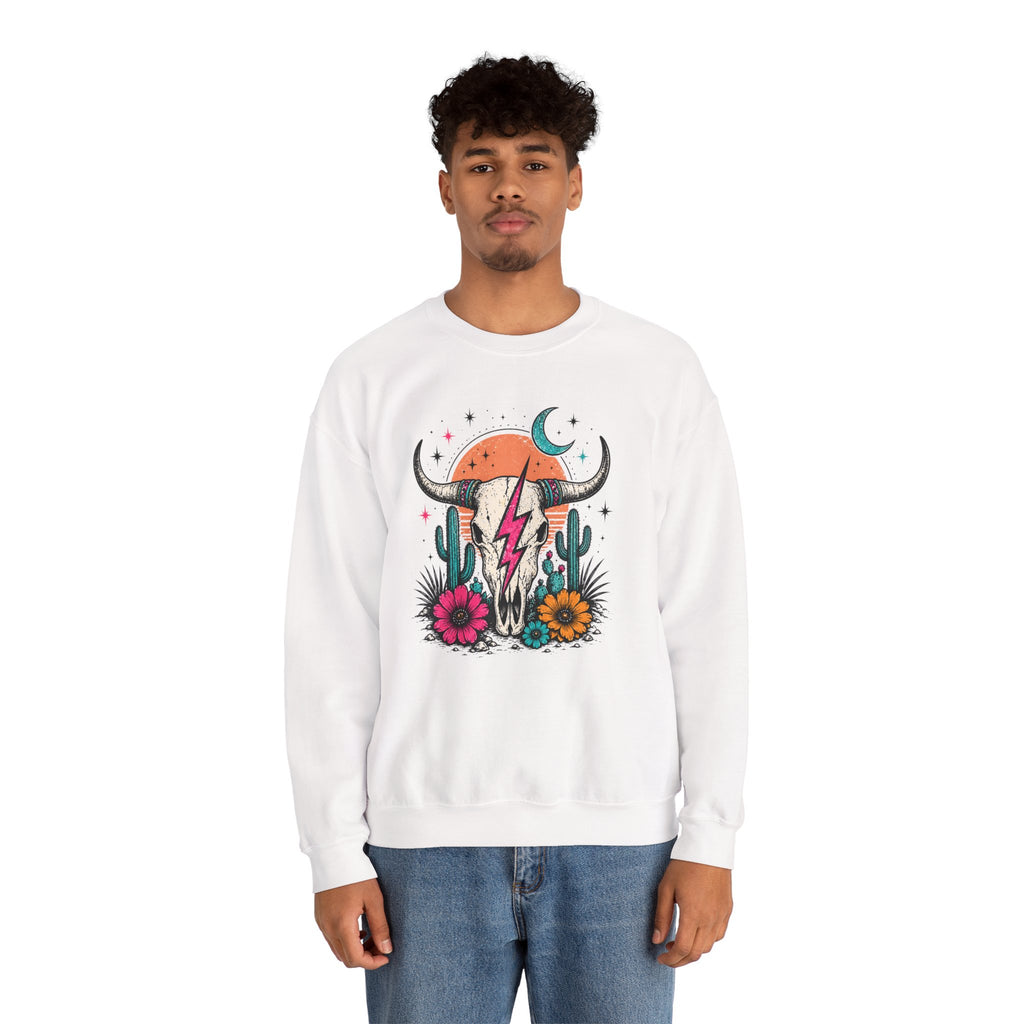 Southwest Skull Crewneck Sweatshirt — Desert Cactus Lightning Graphic