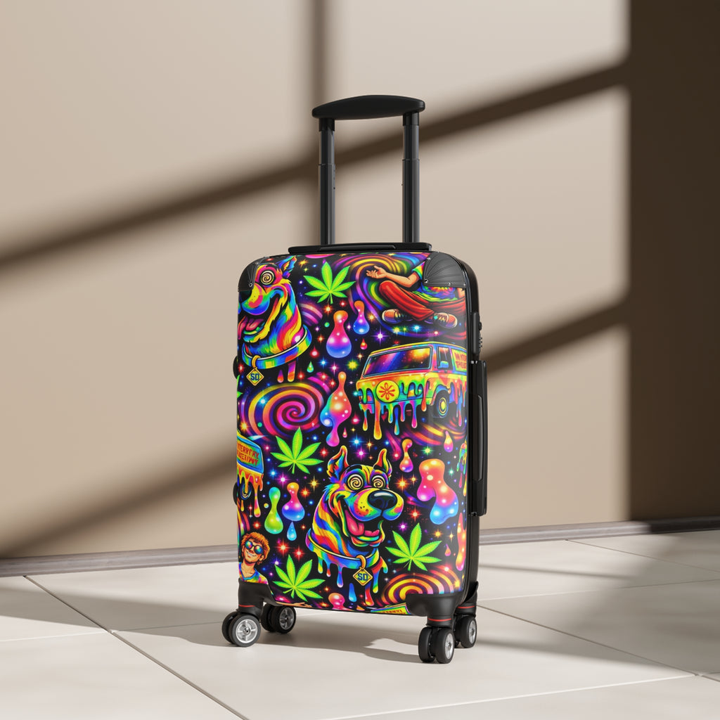 Psychedelic Travel Suitcase – Neon Hippie Dog & Van Print