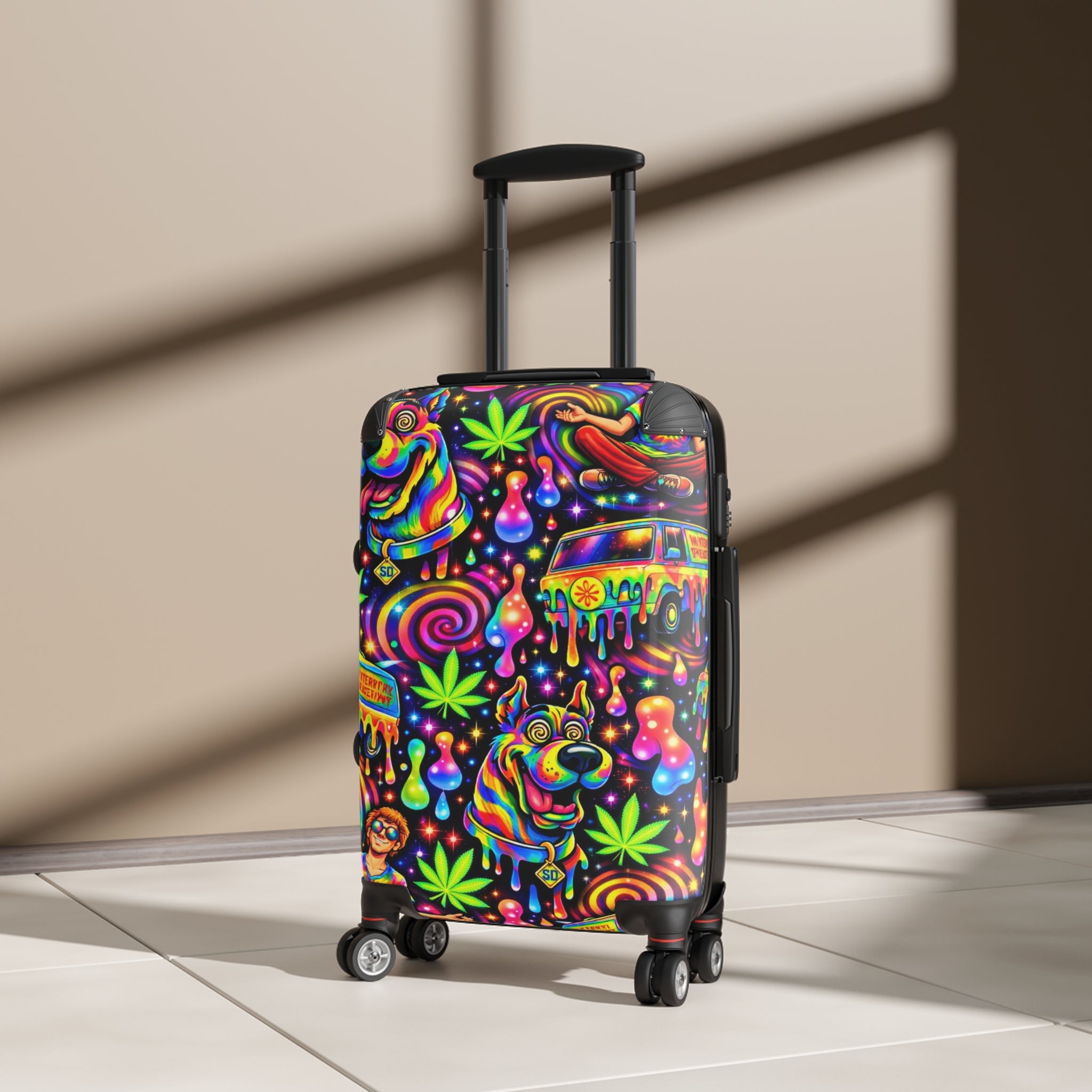 Psychedelic Travel Suitcase – Neon Hippie Dog & Van Print