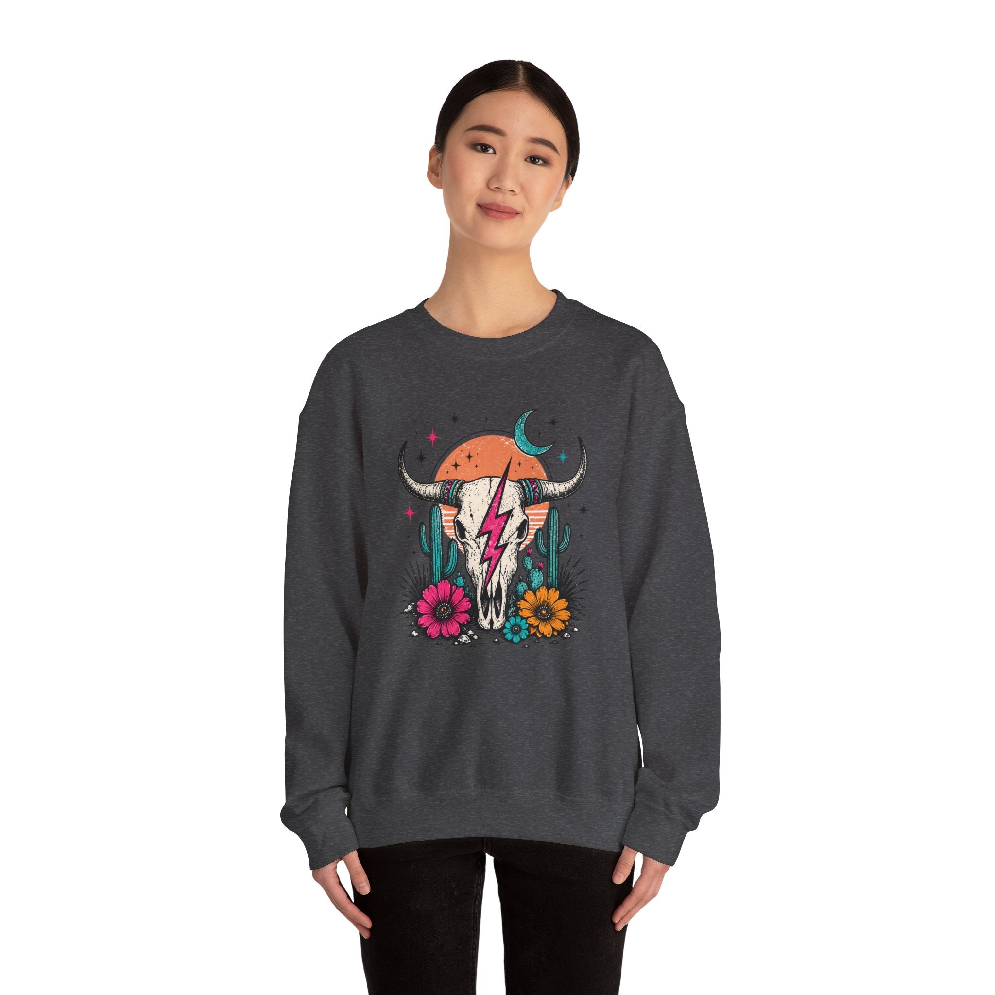 Southwest Skull Crewneck Sweatshirt — Desert Cactus Lightning Graphic