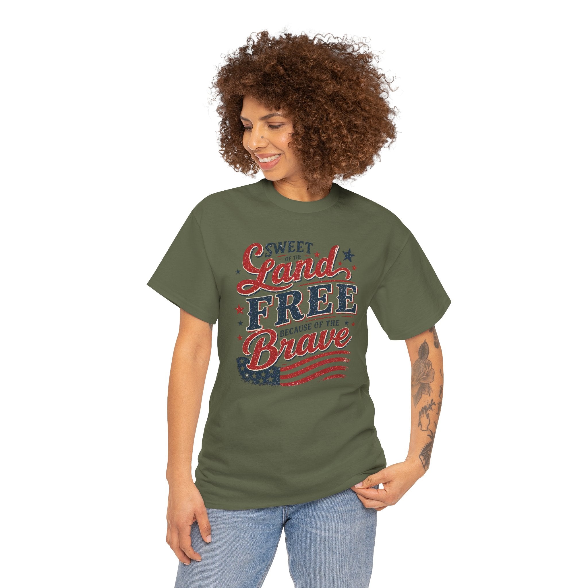 Patriotic Tee — "Sweet Land Free Because of the Brave" American Flag Shirt
