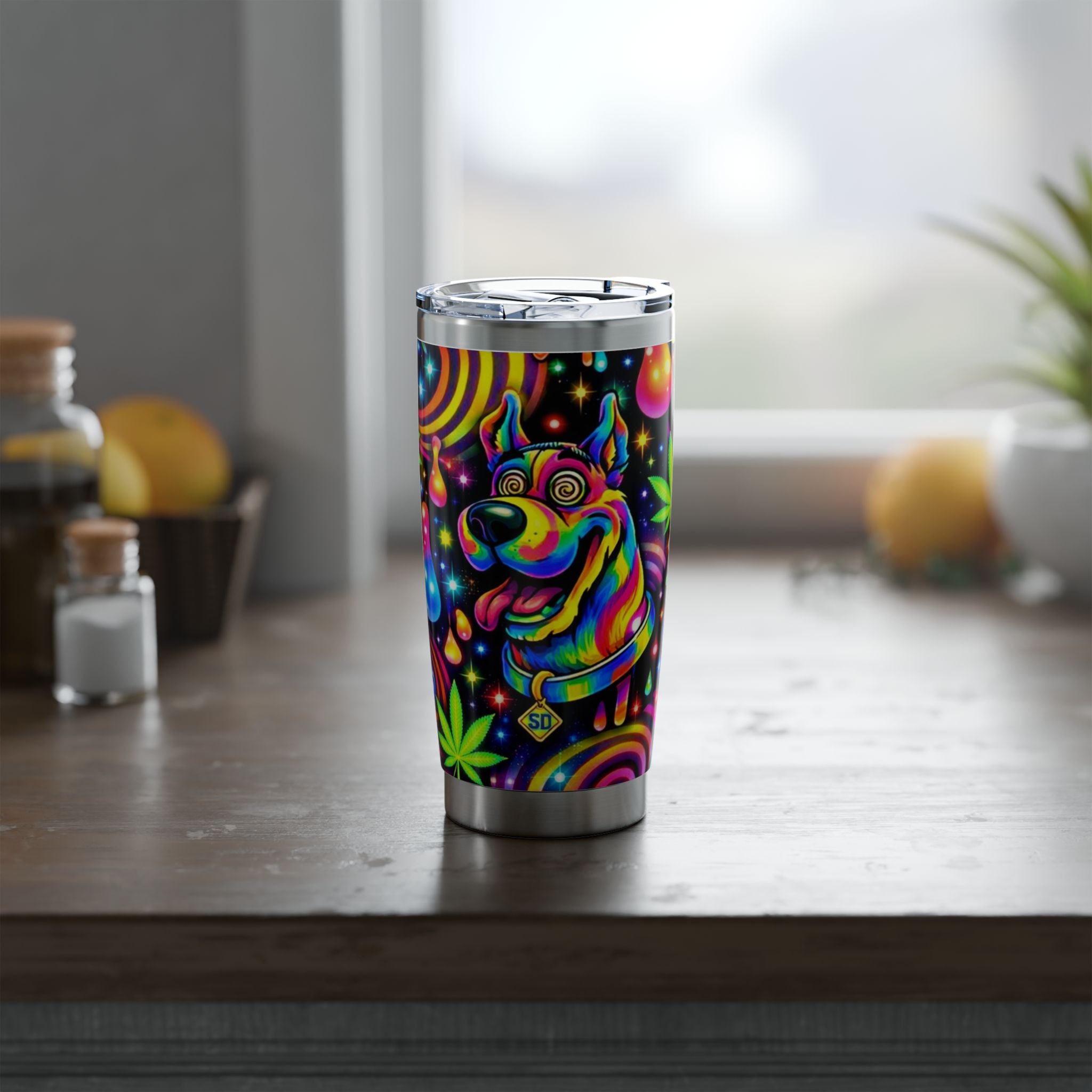 Psychedelic Hippie Tumbler — 20oz Vagabond Travel Mug with Tie-Dye & Cannabis Art