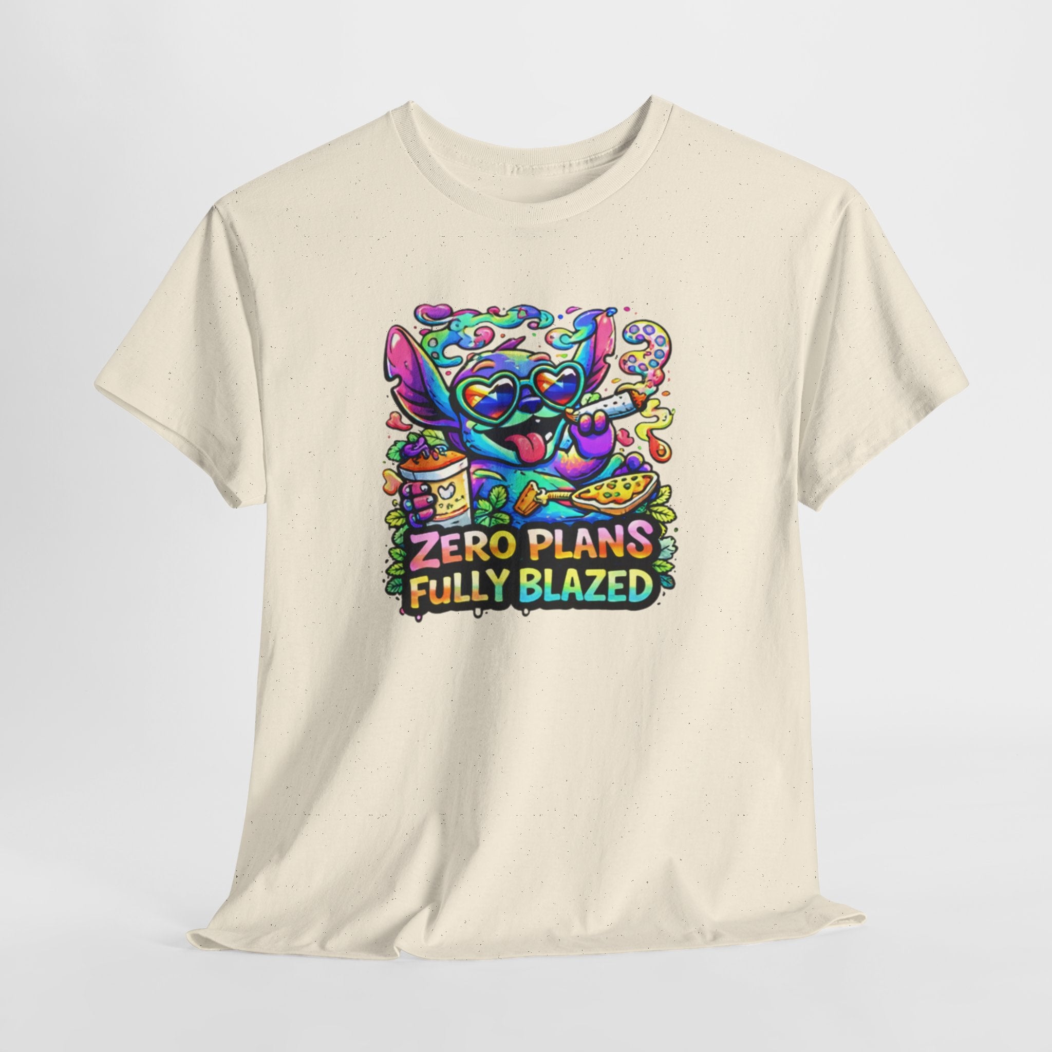 Zero Plans Fully Blazed Tee — Colorful Stoner Cat Graphic T-Shirt