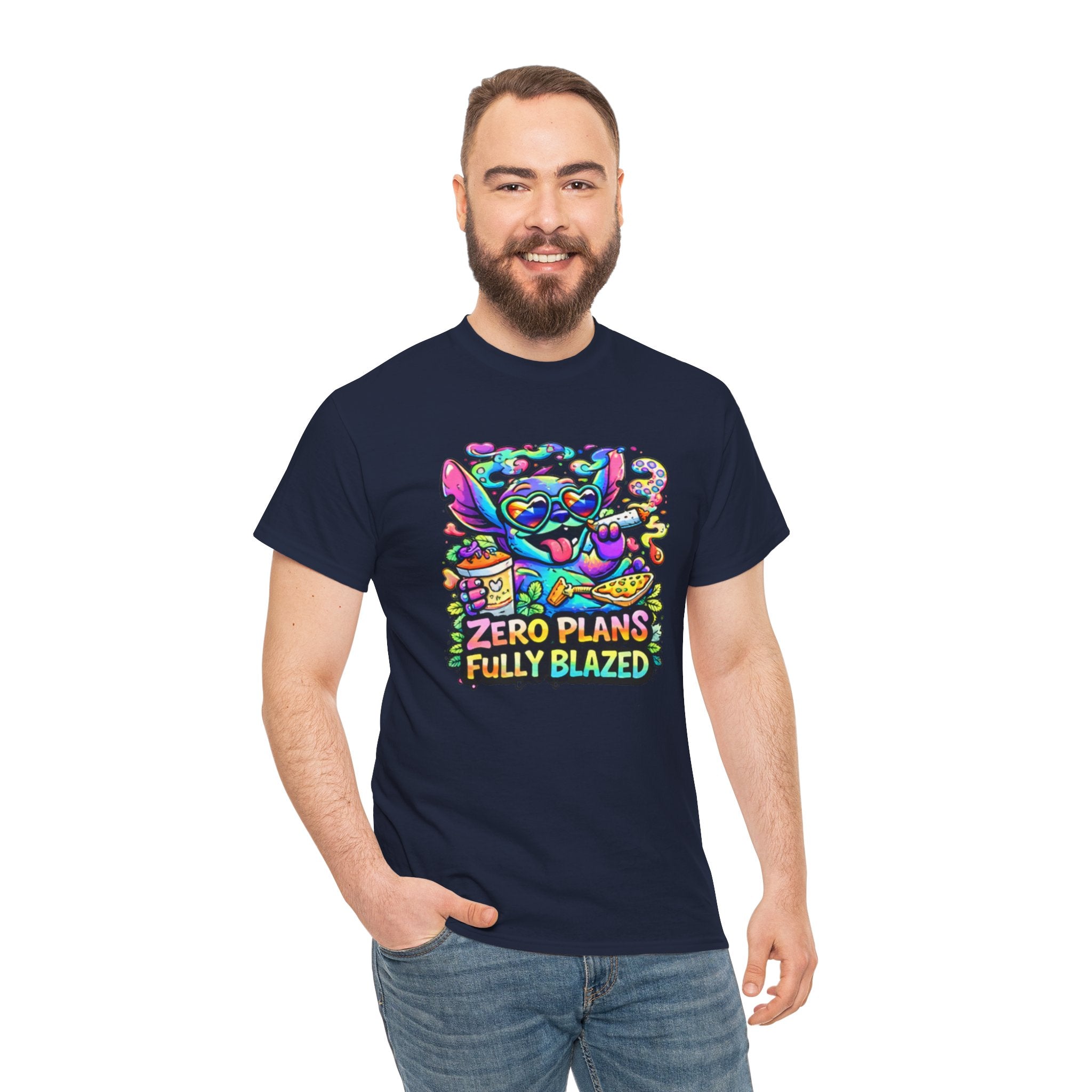 Zero Plans Fully Blazed Tee — Colorful Stoner Cat Graphic T-Shirt