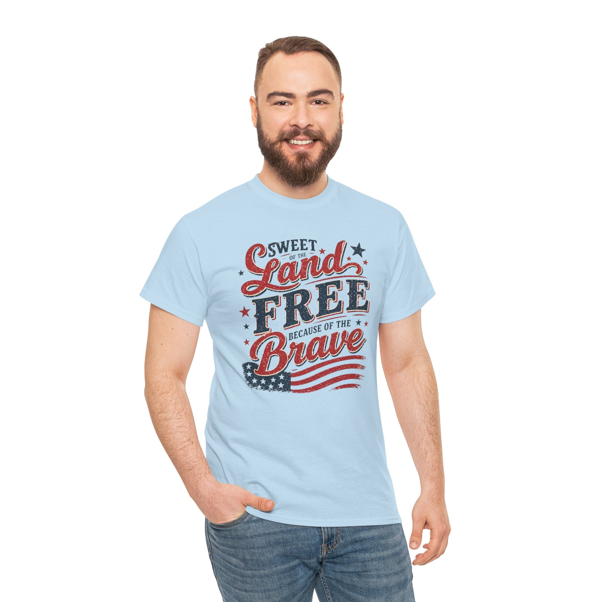 Patriotic Tee — "Sweet Land Free Because of the Brave" American Flag Shirt