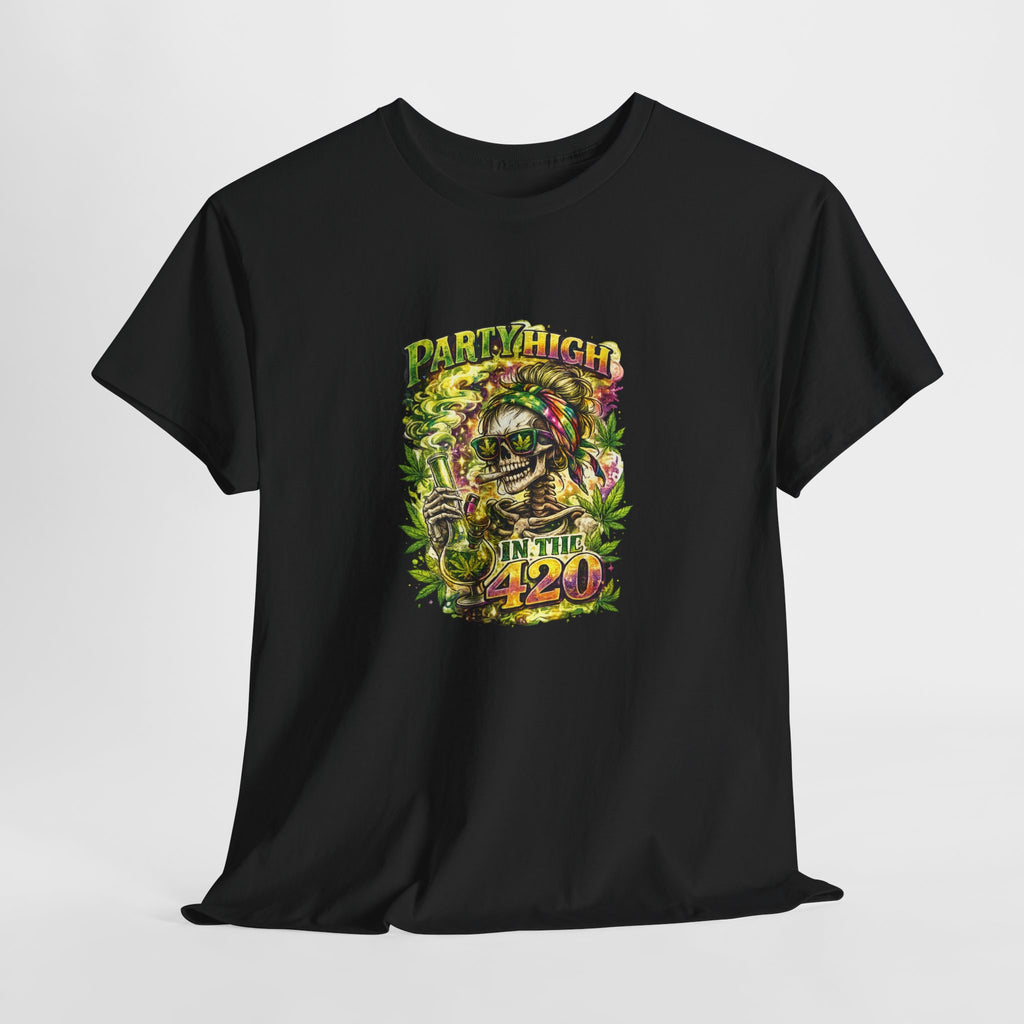 T-Shirt — 'Party High the 420' Cannabis Skull Graphic Tee