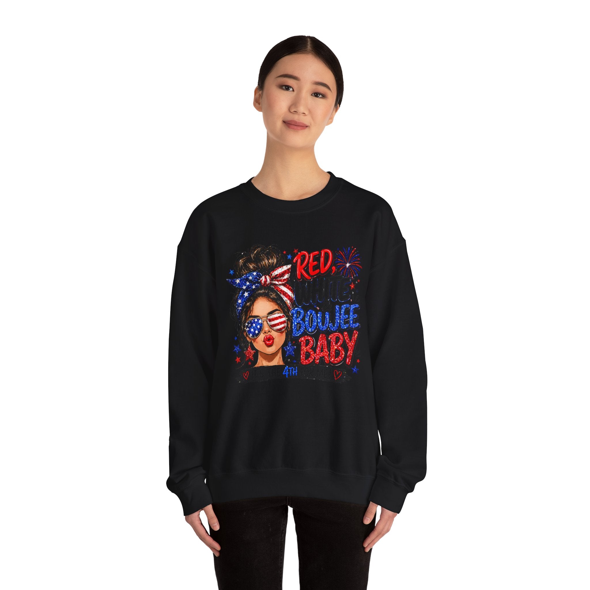 Crewneck Sweatshirt — "Red White Boujee Baby" Patriotic Women's 4th of July Graphic