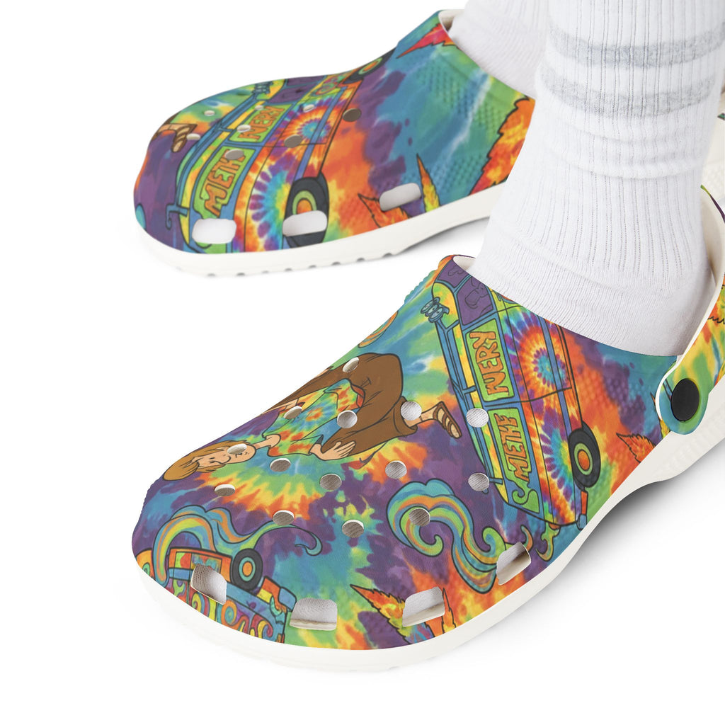 Psychedelic Hippie Clog Shoes — Colorful VW Bus & Peace Sign EVA Foam Clogs