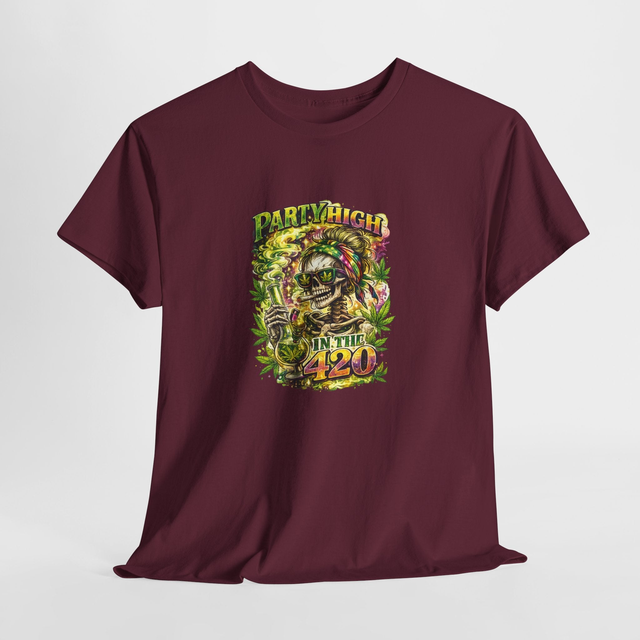 T-Shirt — 'Party High the 420' Cannabis Skull Graphic Tee