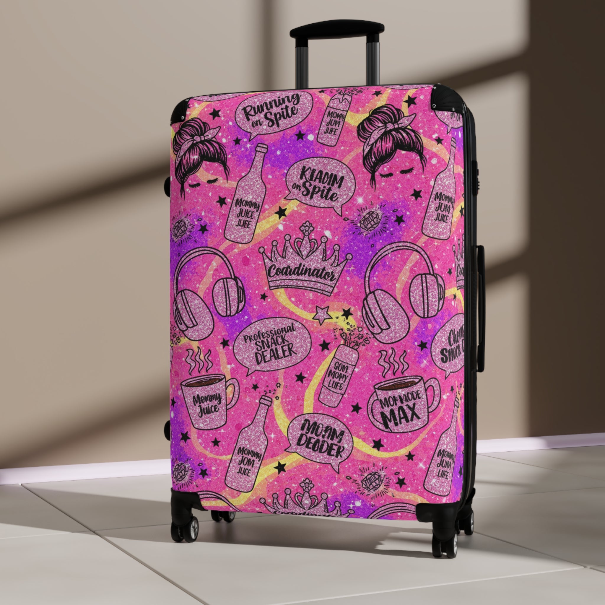 Pink Glam Travel Suitcase Cover – 'Vacay Mode' Cosmetic & Cocktail Pattern