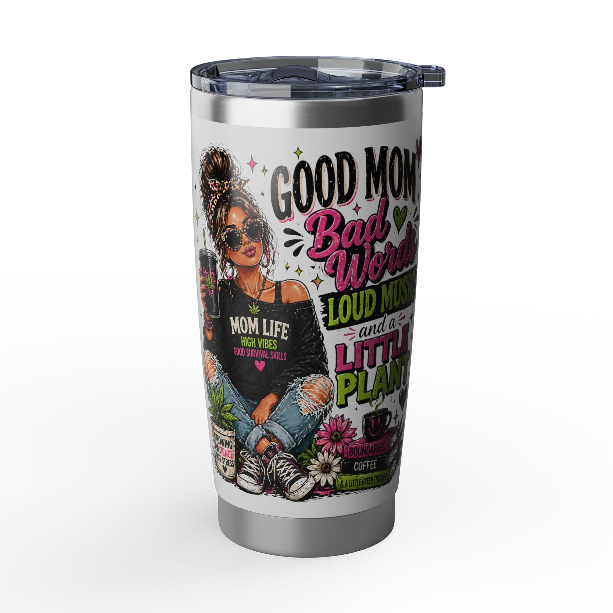 Mom Life 20oz Tumbler – 'Mom with Coffee, Plants & Music' Insulated Travel Cup