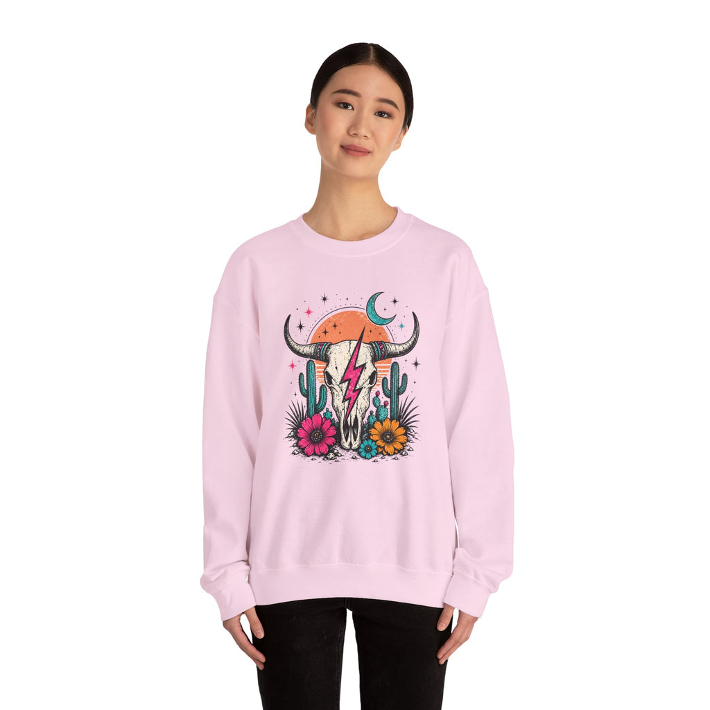 Southwest Skull Crewneck Sweatshirt — Desert Cactus Lightning Graphic