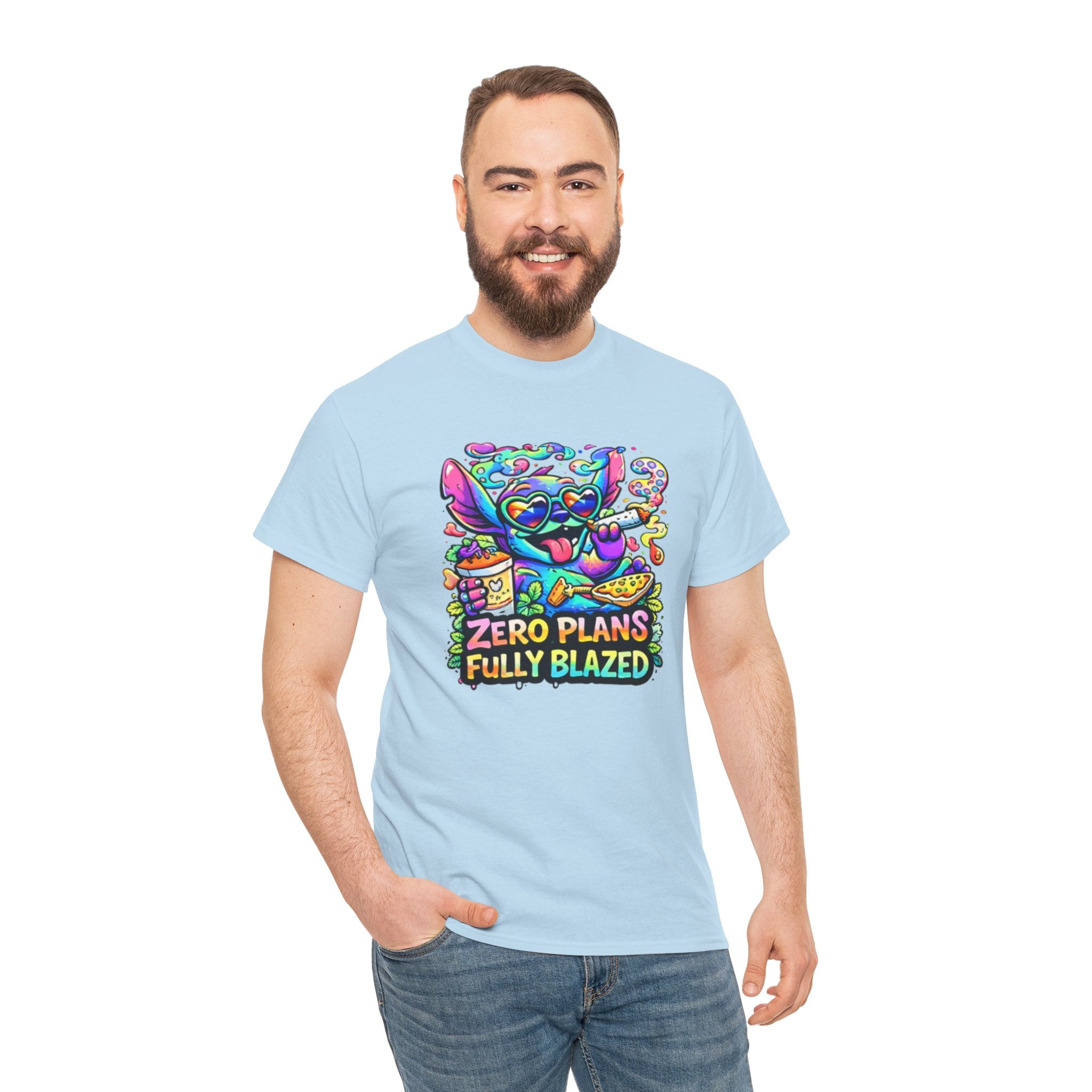 Zero Plans Fully Blazed Tee — Colorful Stoner Cat Graphic T-Shirt