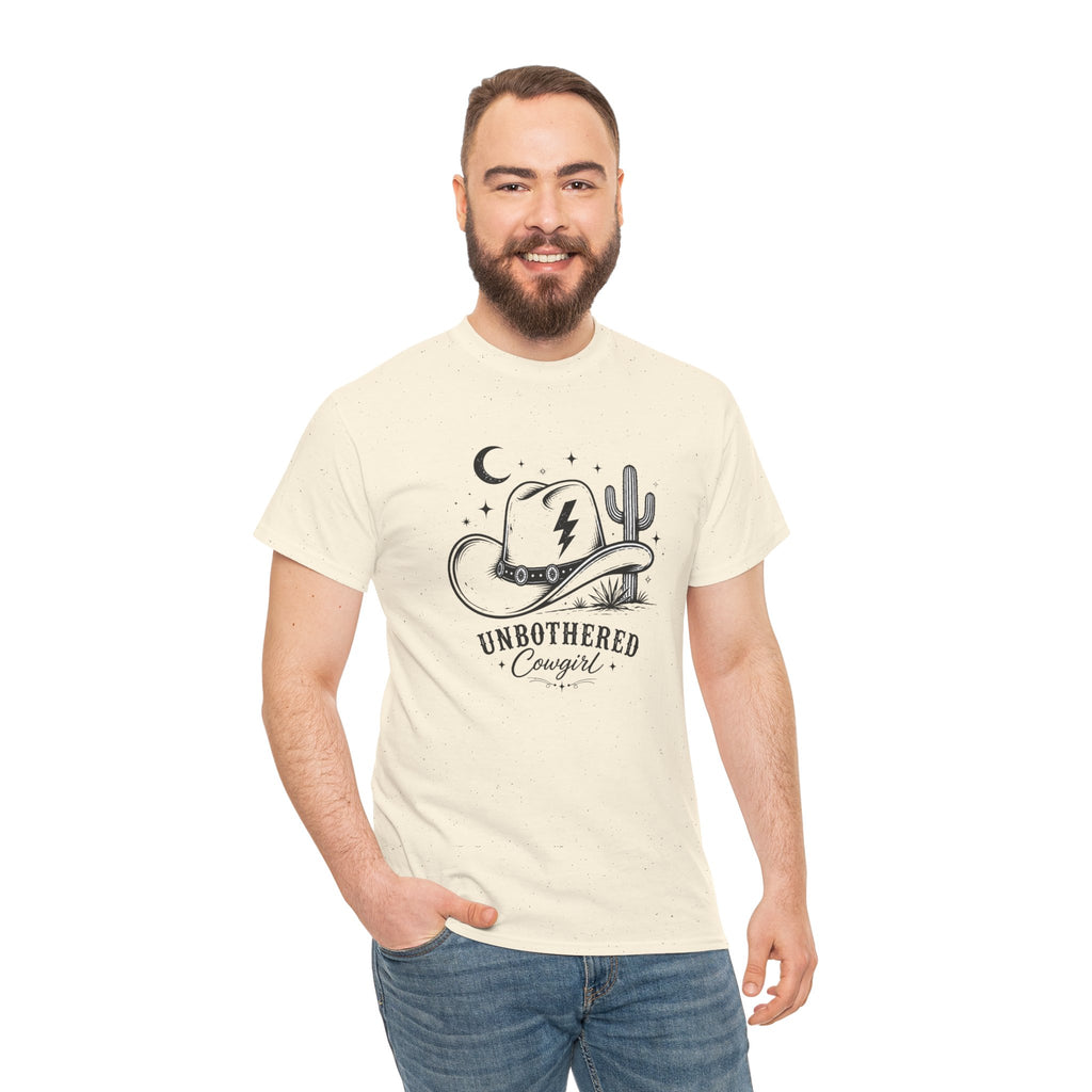 Unbothered Cowgirl Graphic Tee — Western Cowboy Hat & Cactus Design