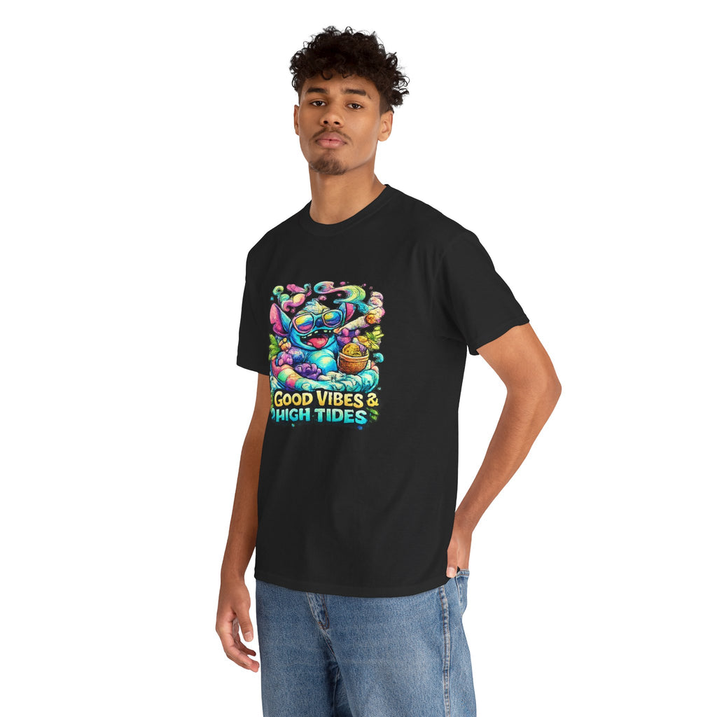 T-Shirt — "Good Vibes & High Tides" Colorful Surf Shark Graphic Tee