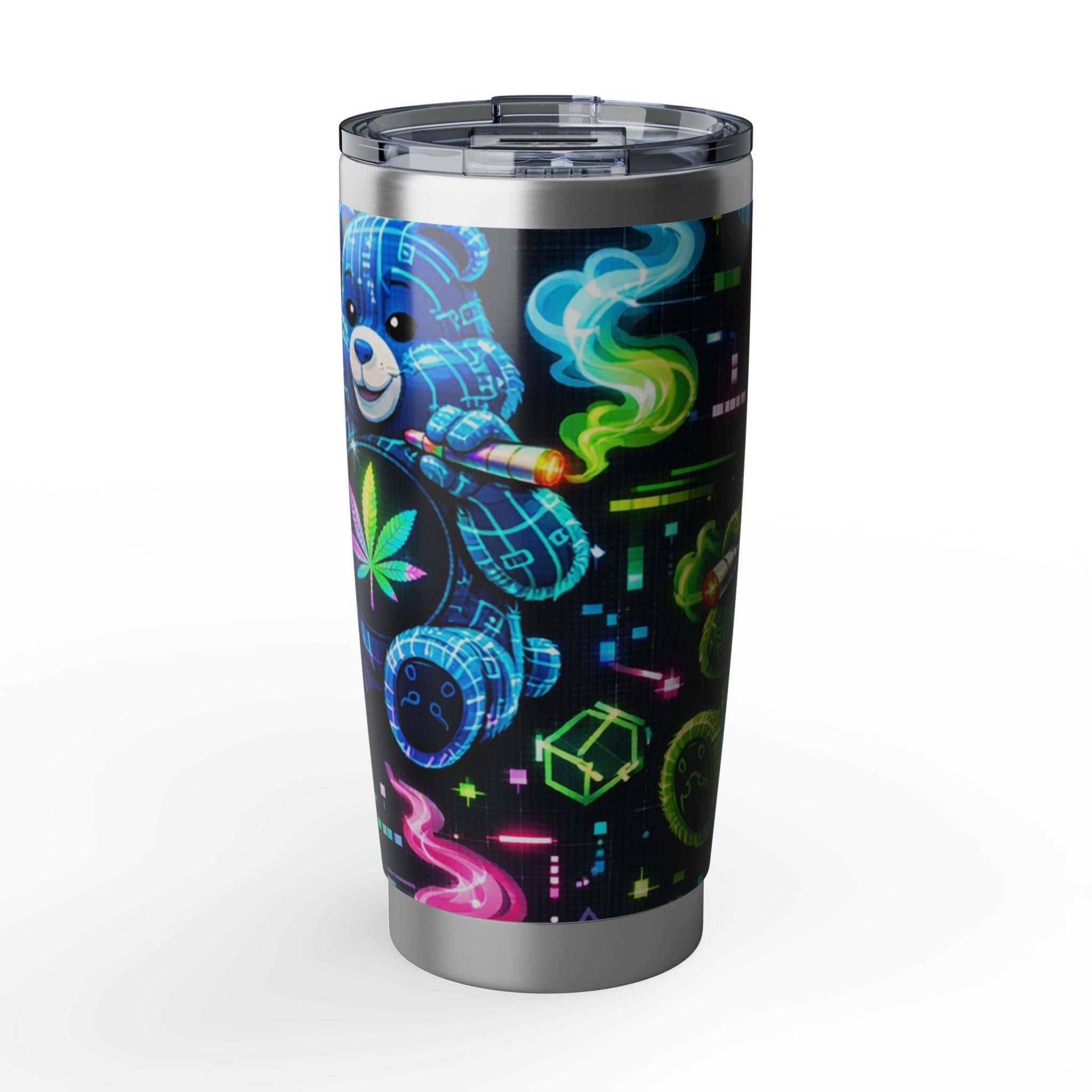 Neon Psychedelic Bear 20oz Tumbler — Vaporwave Travel Cup with Retro Cannabis Art