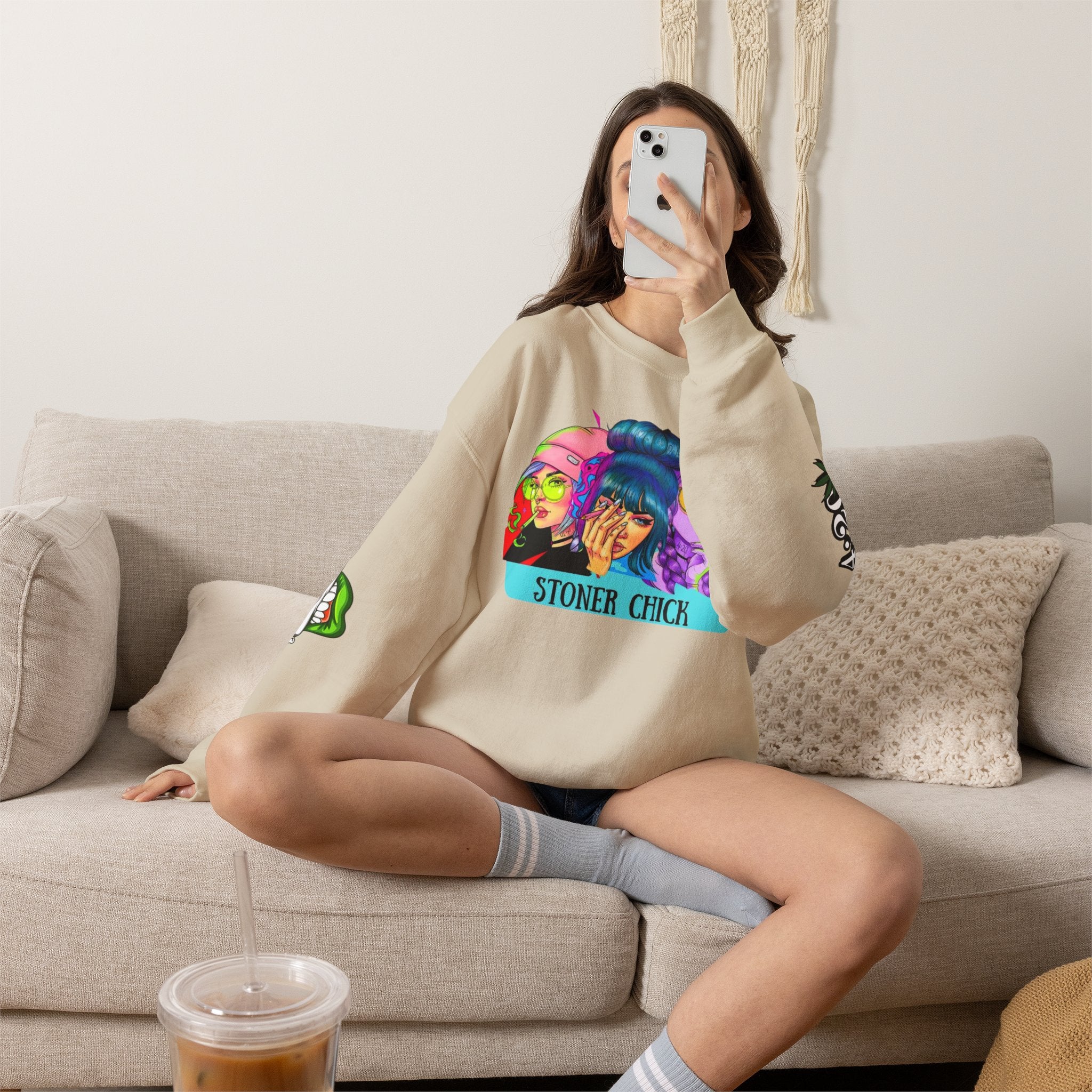 Stoner Chicks Crewneck Sweatshirt — Retro Cannabis Graphic