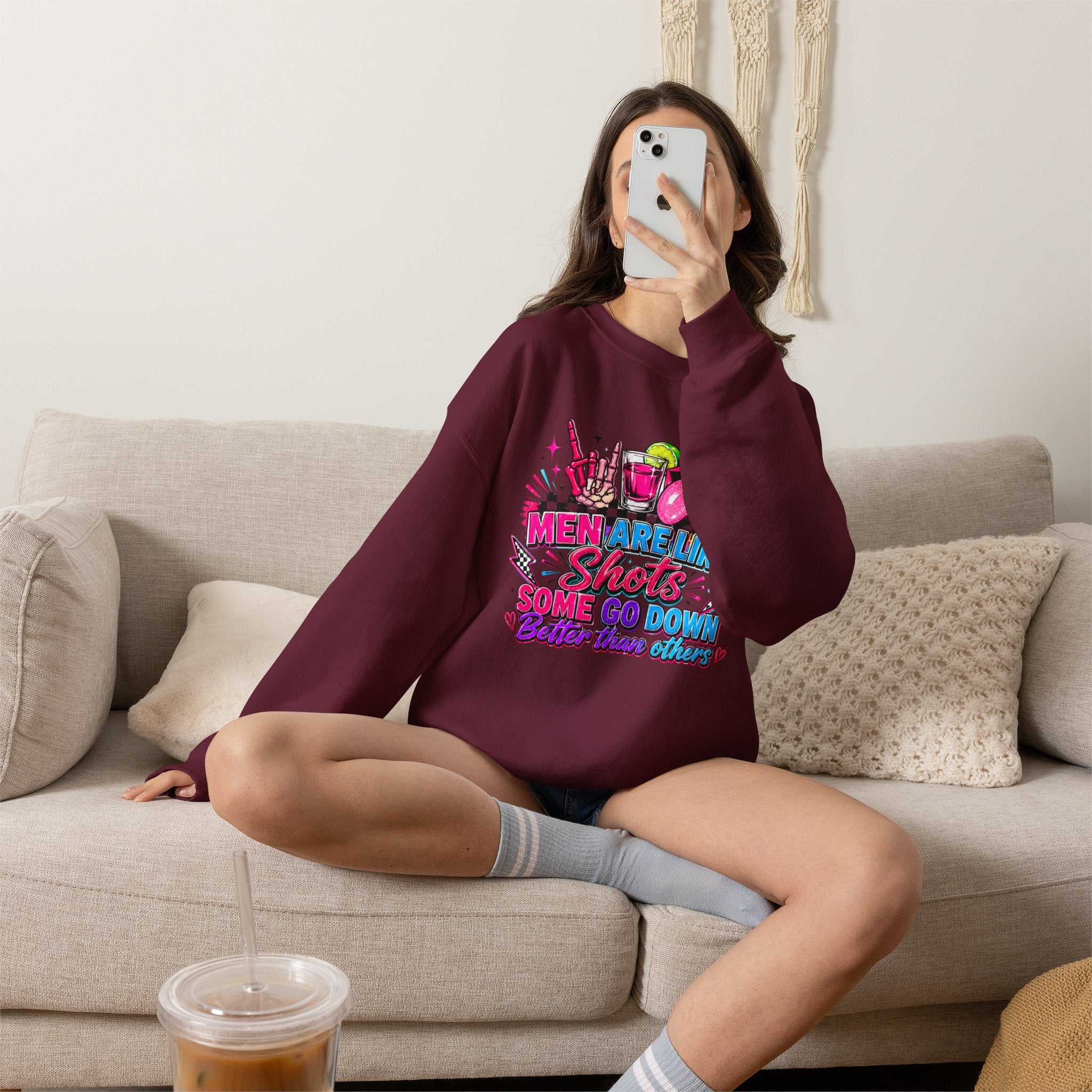 Crewneck Sweatshirt — "Men Are Like Shots" Retro Neon Cocktail Graphic
