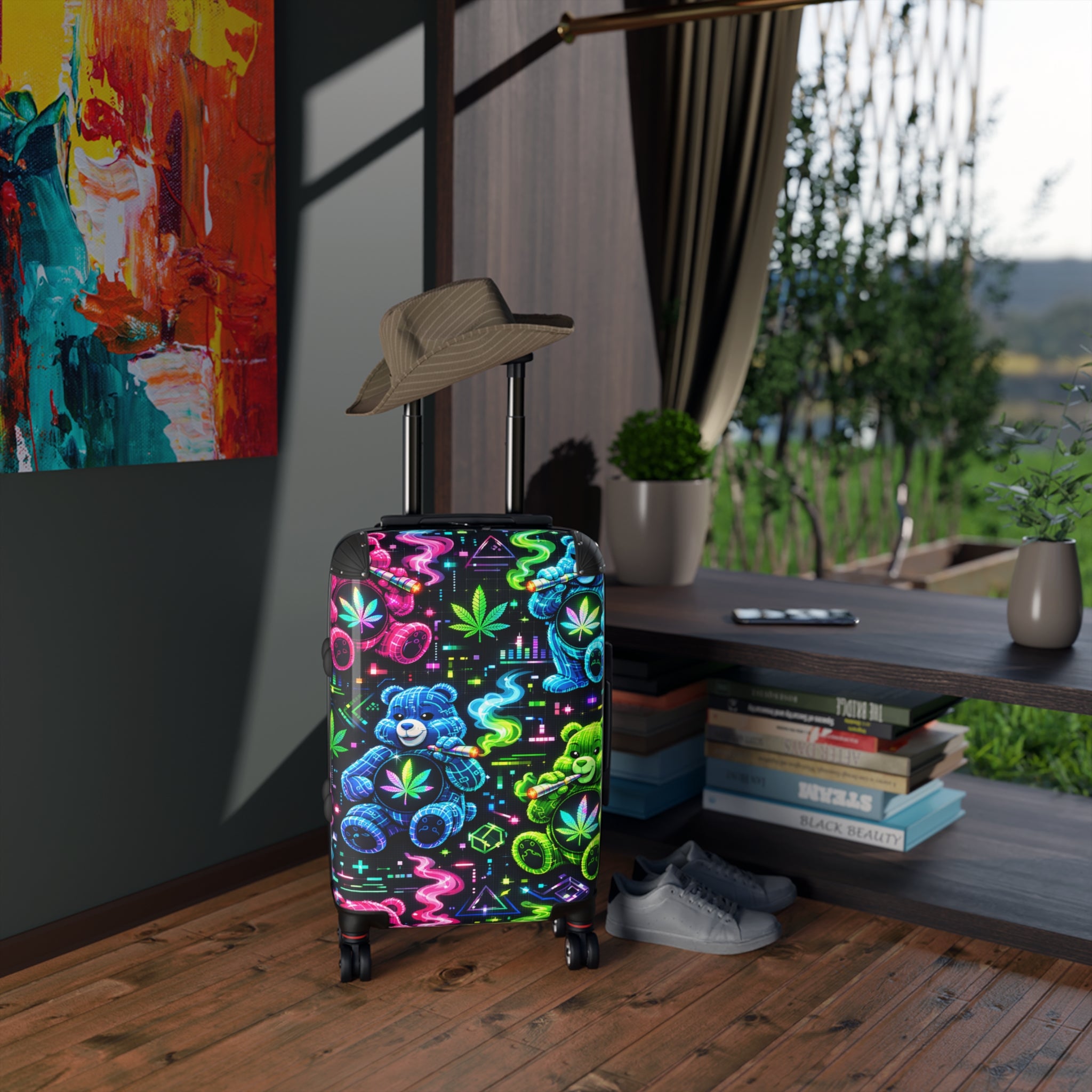 Neon Teddy Cannabis Suitcase – Colorful Psychedelic Carry-On