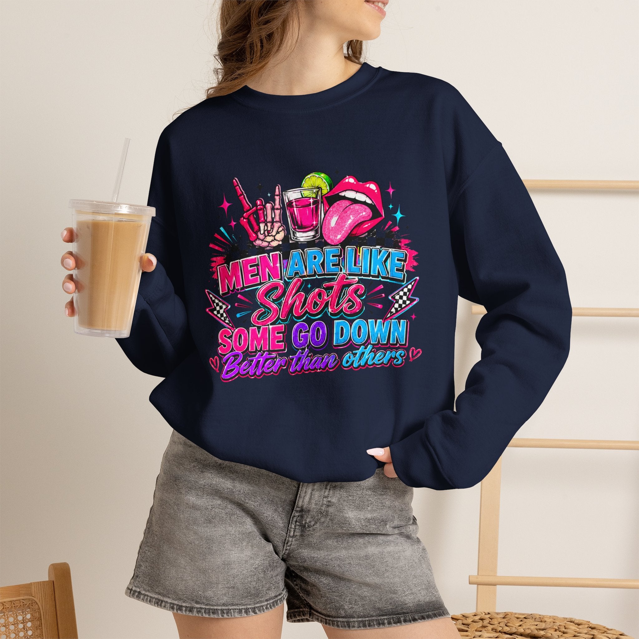 Crewneck Sweatshirt — "Men Are Like Shots" Retro Neon Cocktail Graphic