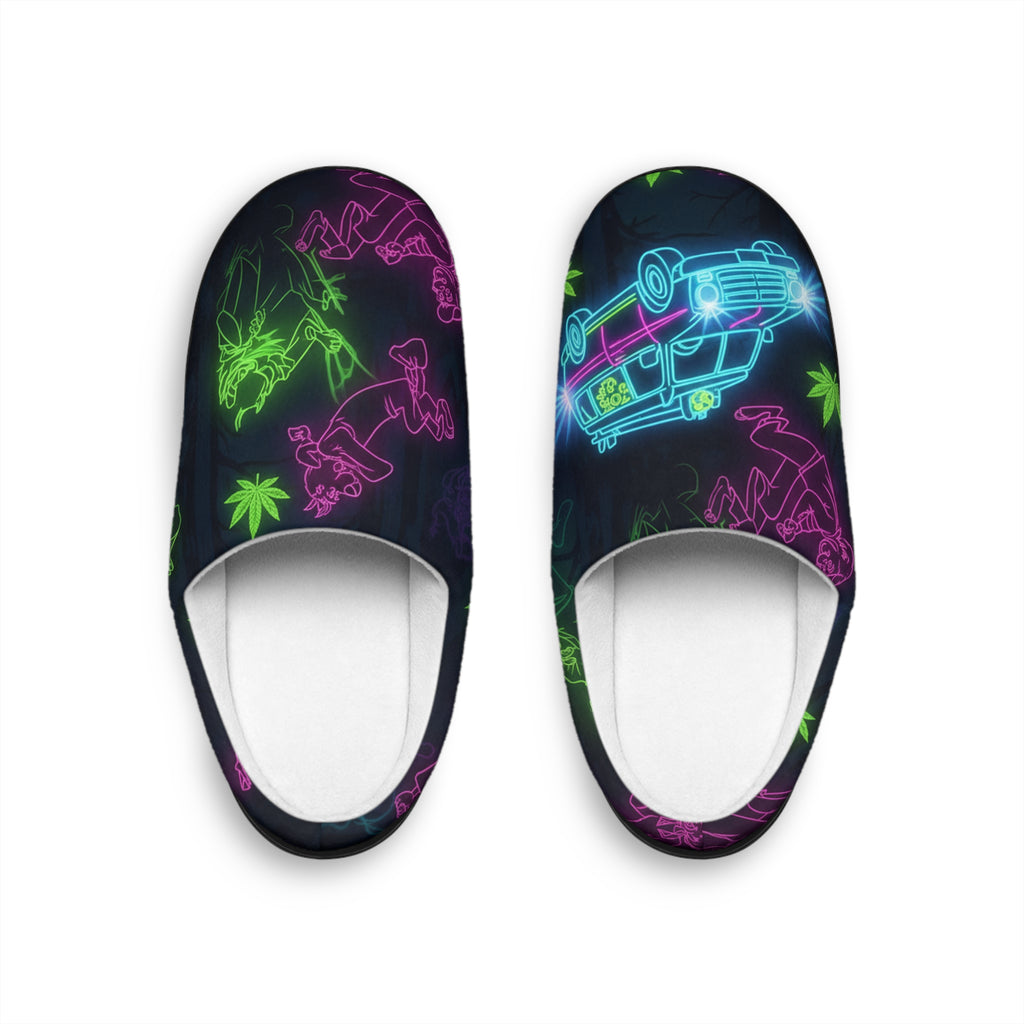Neon Retro Drive Indoor Slippers — Women's Cozy House Shoes with Neon Car & Palm Print