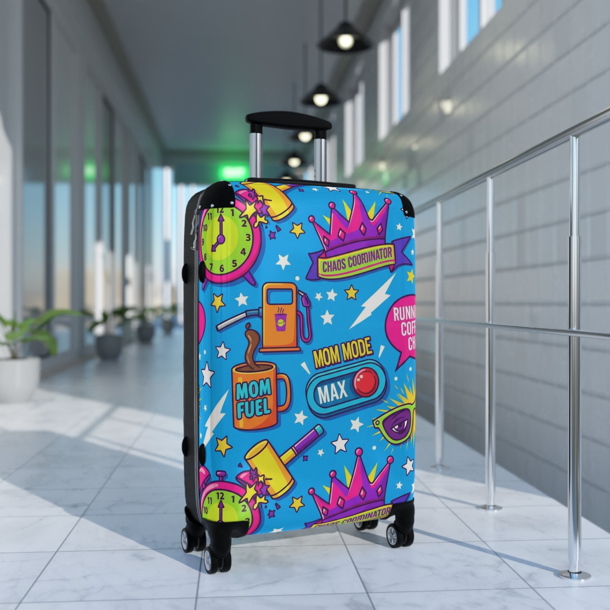 Mom Fuel Suitcase – Colorful Travel Luggage with 'Mom Mode' & 'Chaos Coordinator' Pop-Art Design