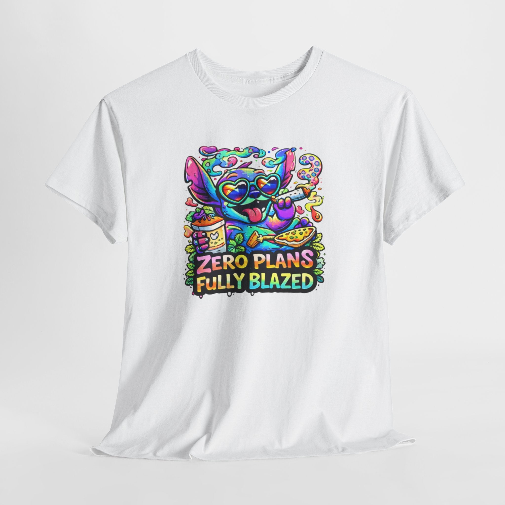 Zero Plans Fully Blazed Tee — Colorful Stoner Cat Graphic T-Shirt
