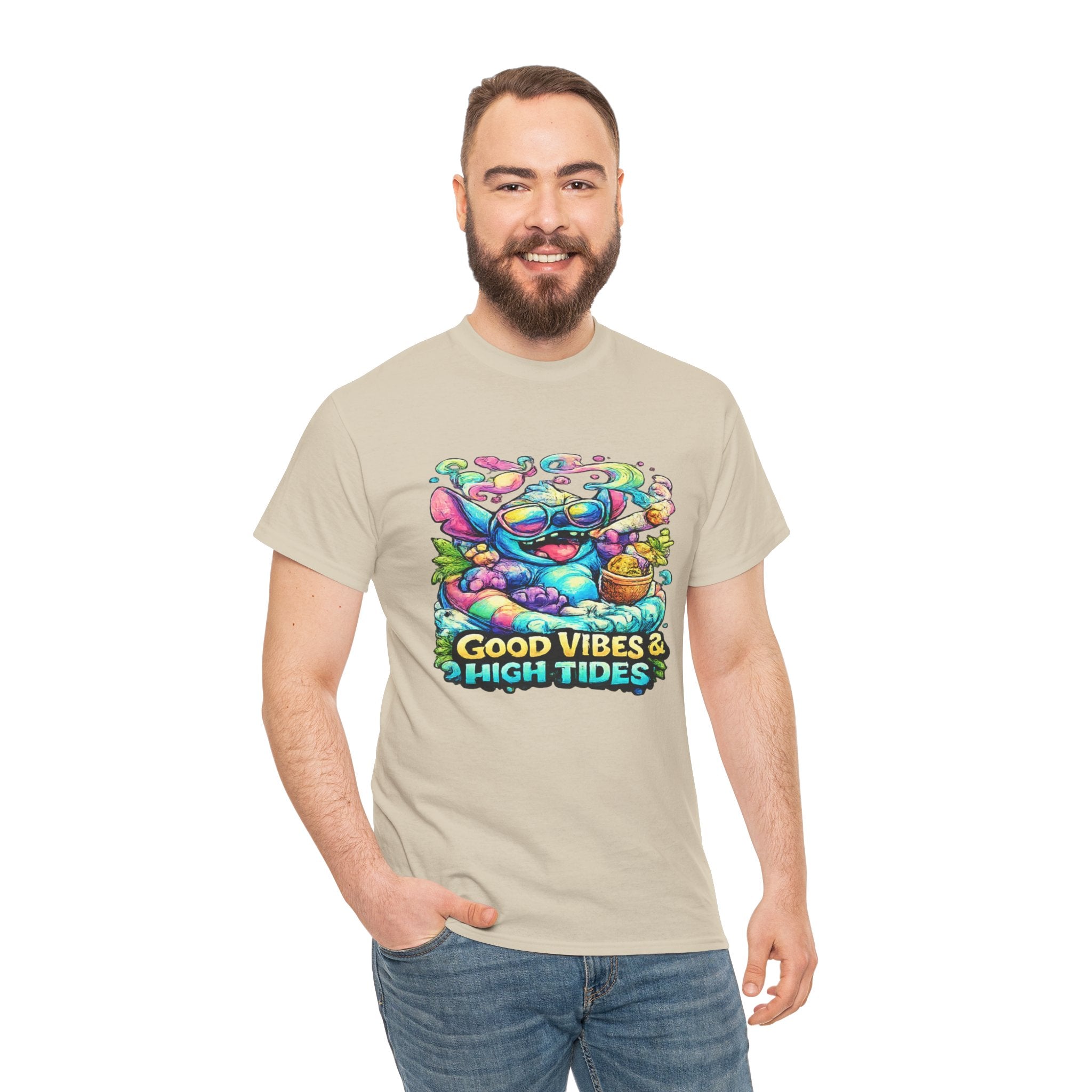 T-Shirt — "Good Vibes & High Tides" Colorful Surf Shark Graphic Tee