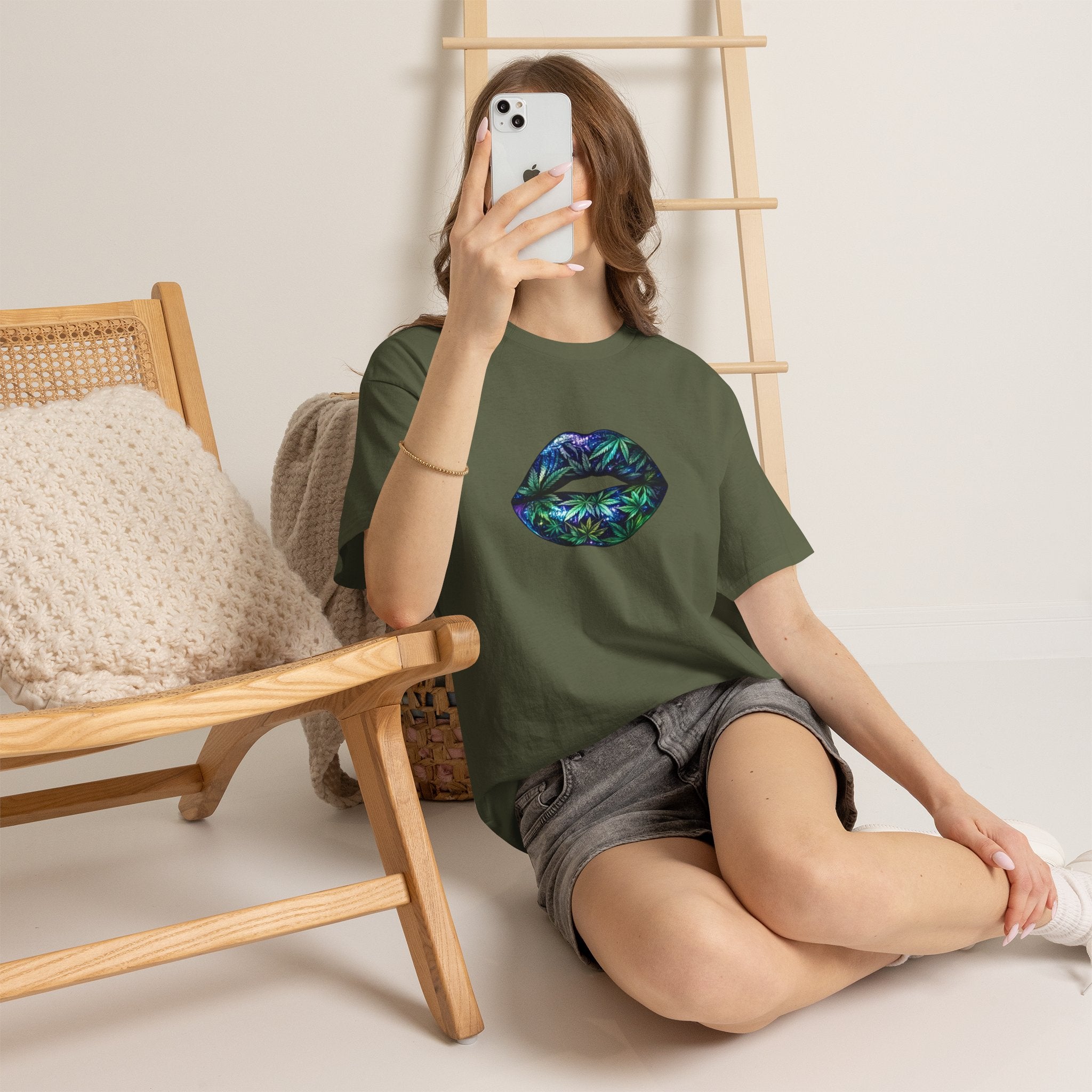 Lips Graphic Tee — Iridescent Botanical Leaf Kiss T-Shirt