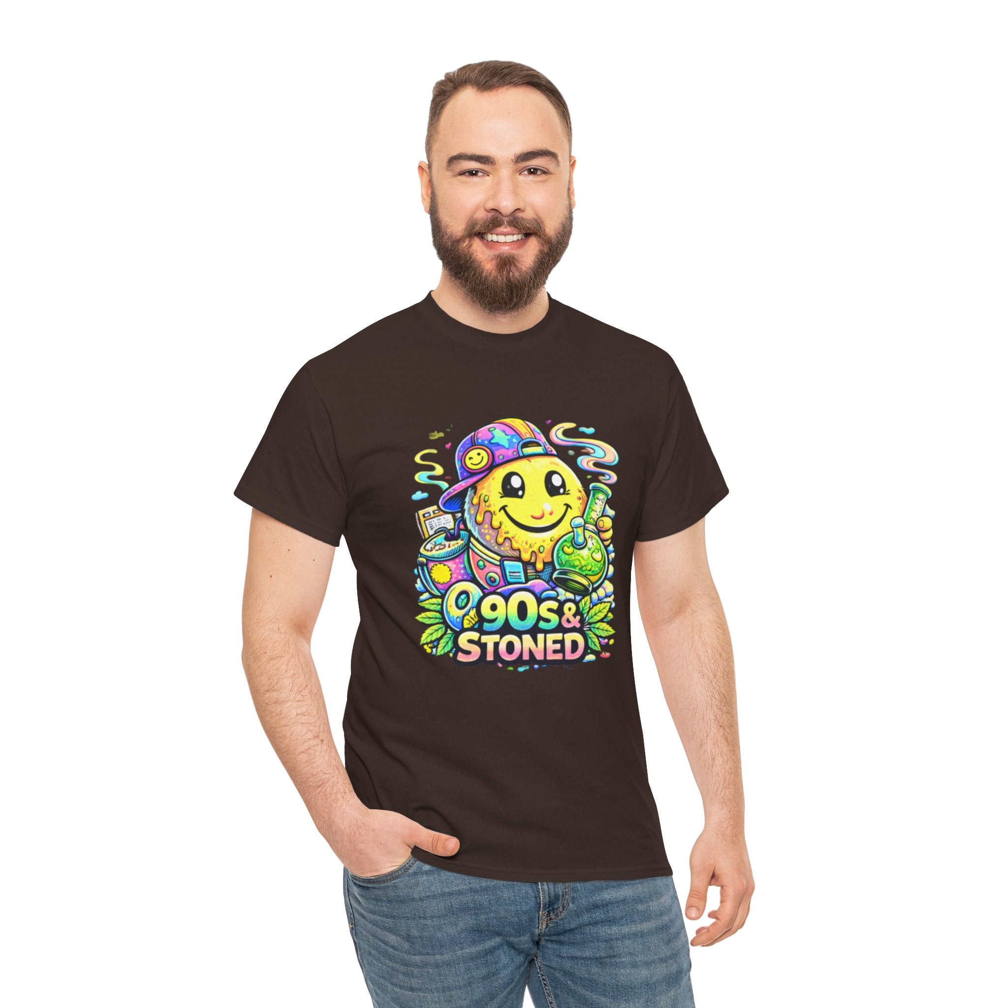90s & Stoned Smiley Tee — Retro Vaporwave Cannabis Graphic T-Shirt