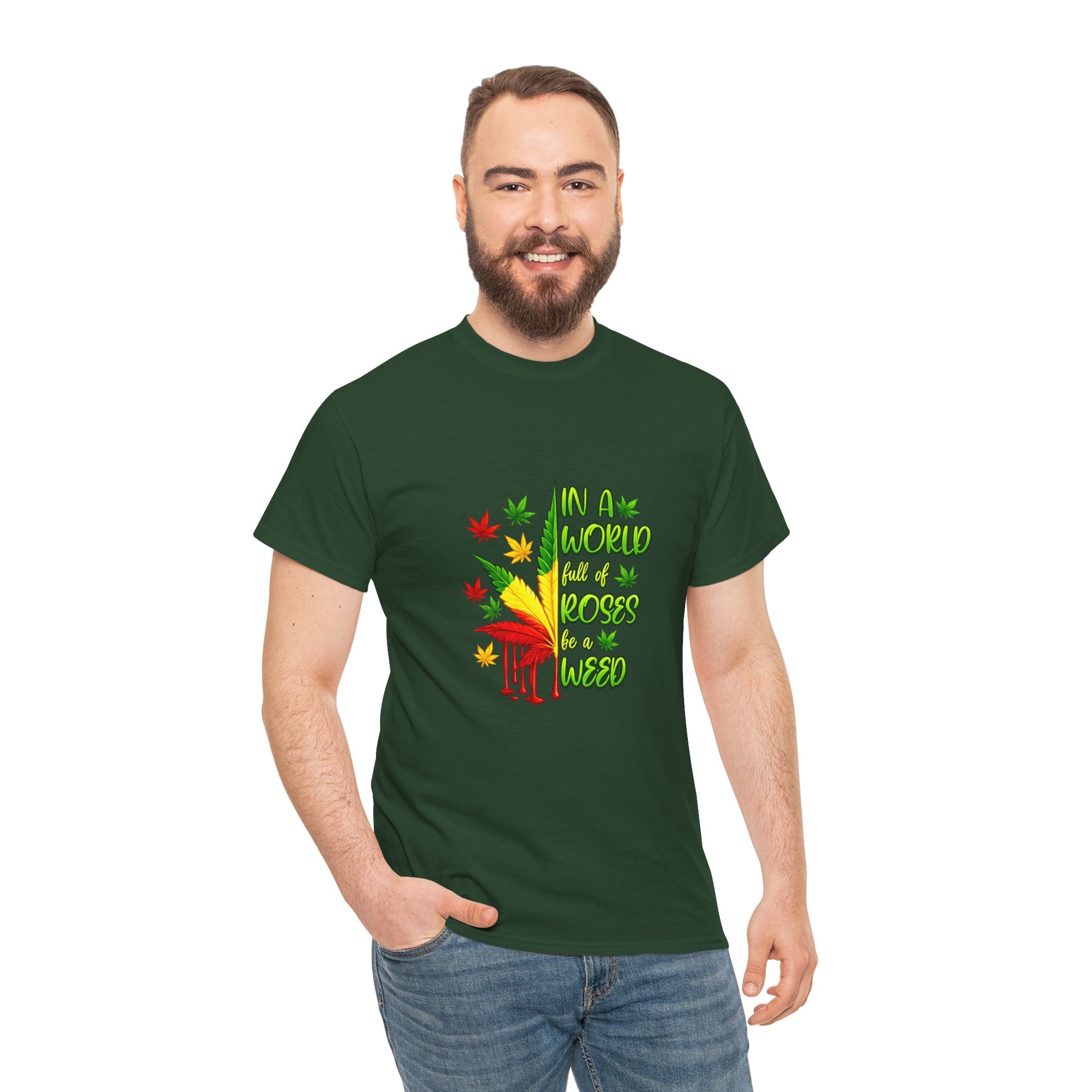 T-Shirt — "In A World Where Mosses Rule" Colorful Mushroom & Leaf Graphic