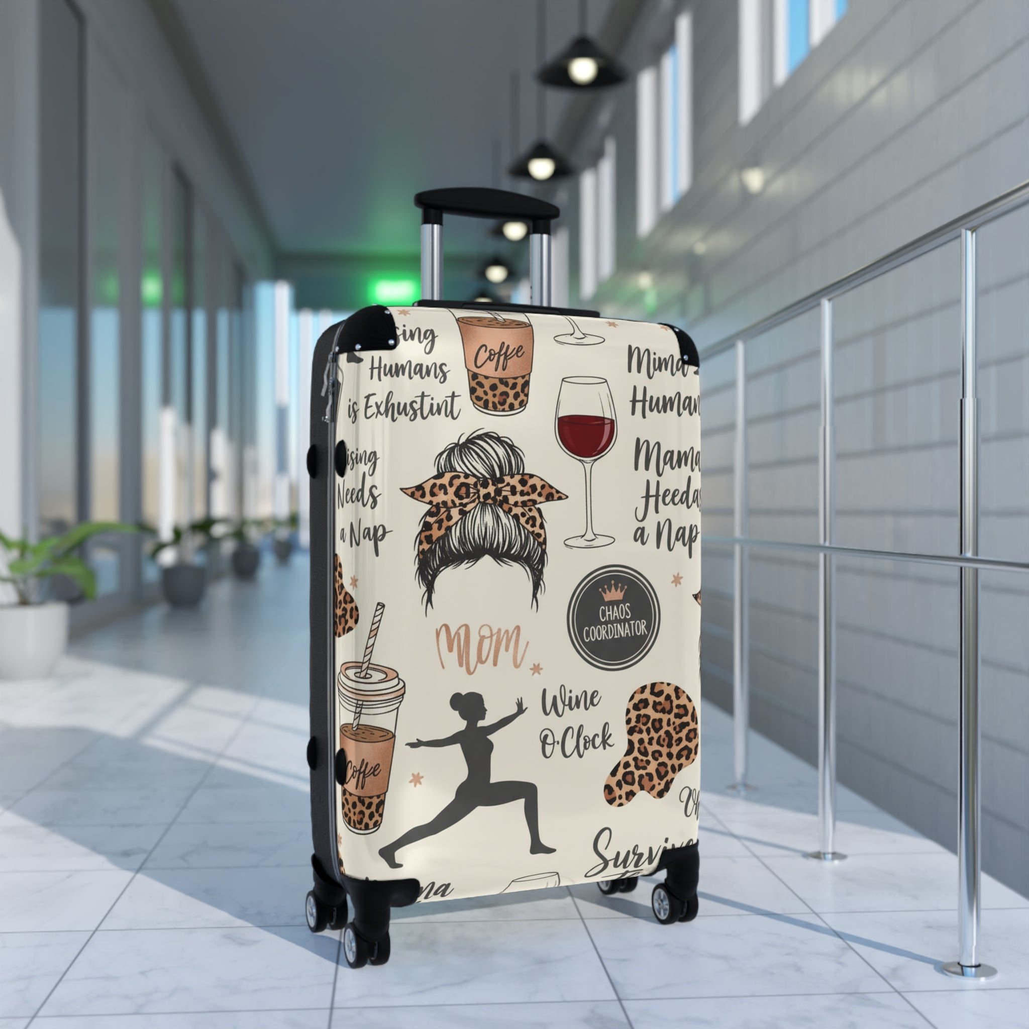 Mama Travel Suitcase - Funny Mom Pattern with Wine, Coffee & Leopard Print