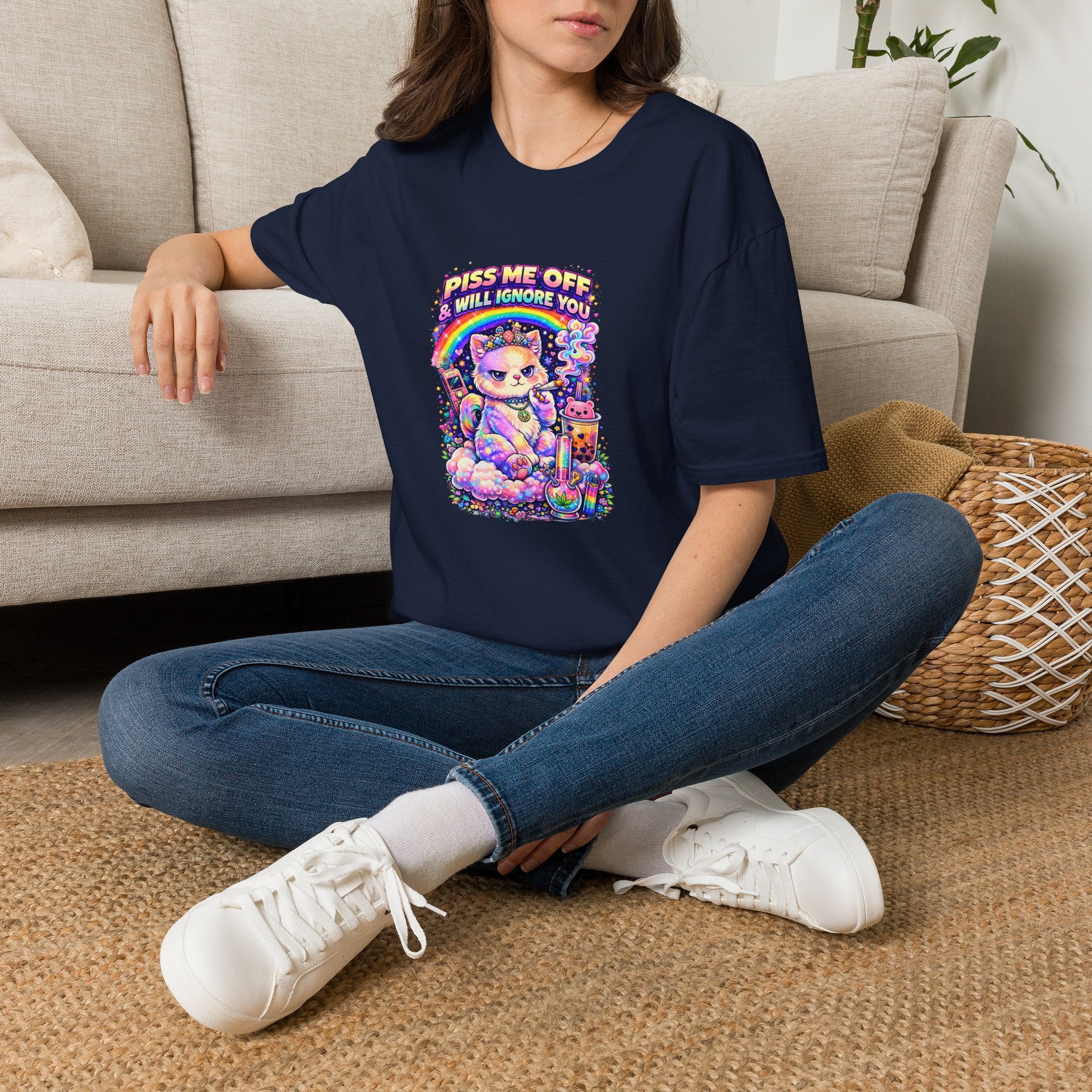 Graphic T-Shirt — "Piss Me Off & I Will Ignore You" Cute Grumpy Cat Rainbow Design