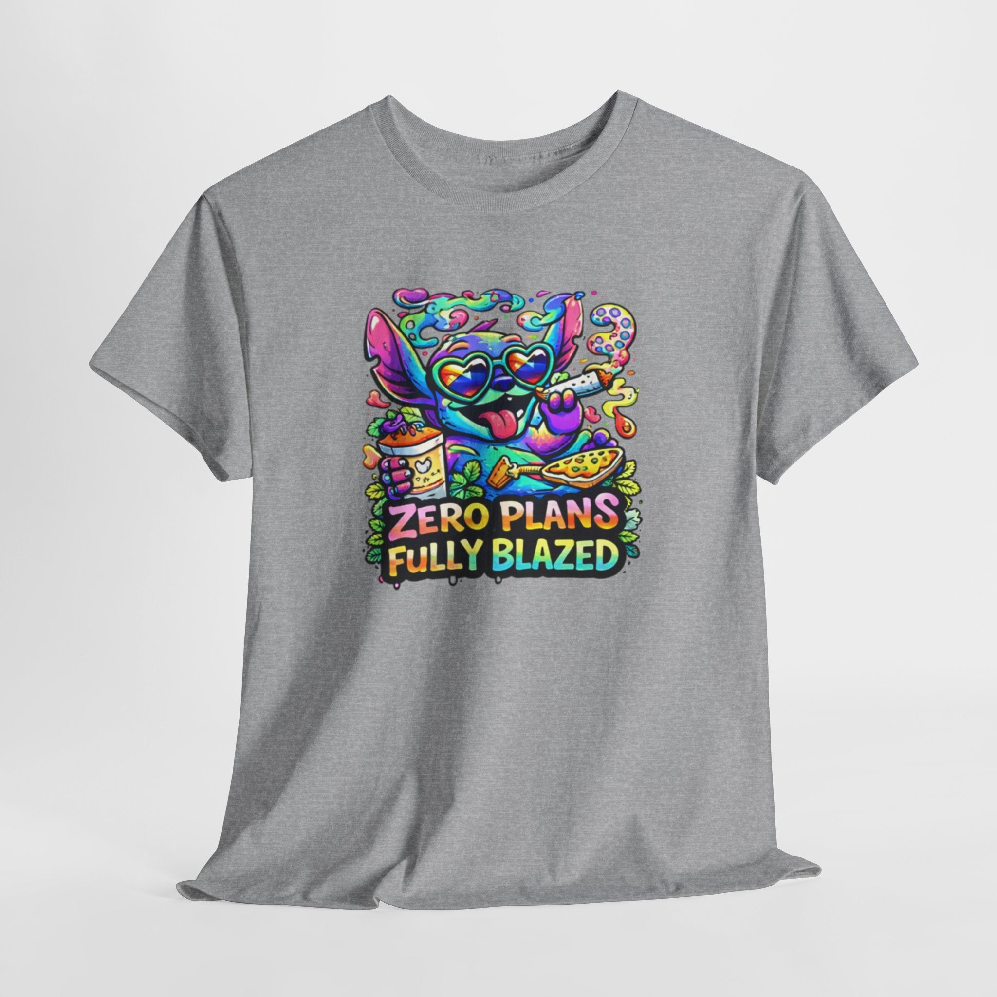 Zero Plans Fully Blazed Tee — Colorful Stoner Cat Graphic T-Shirt