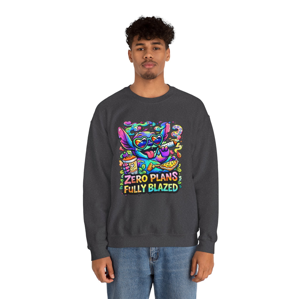 Crewneck Sweatshirt — "Zero Plans Fully Blazed" Colorful Stoner Cartoon Graphic
