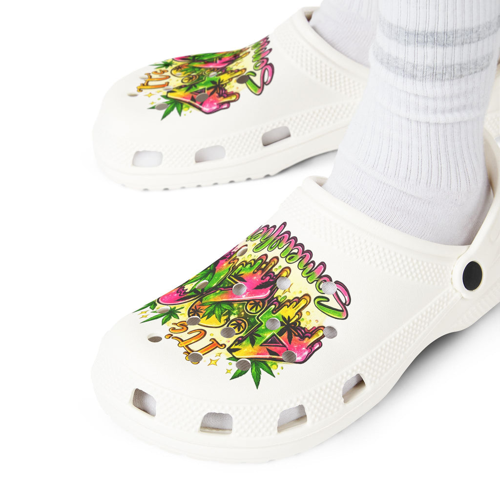 White EVA Foam Clogs — 'It’s 4:20 Somewhere' Tropical Cannabis Graphic