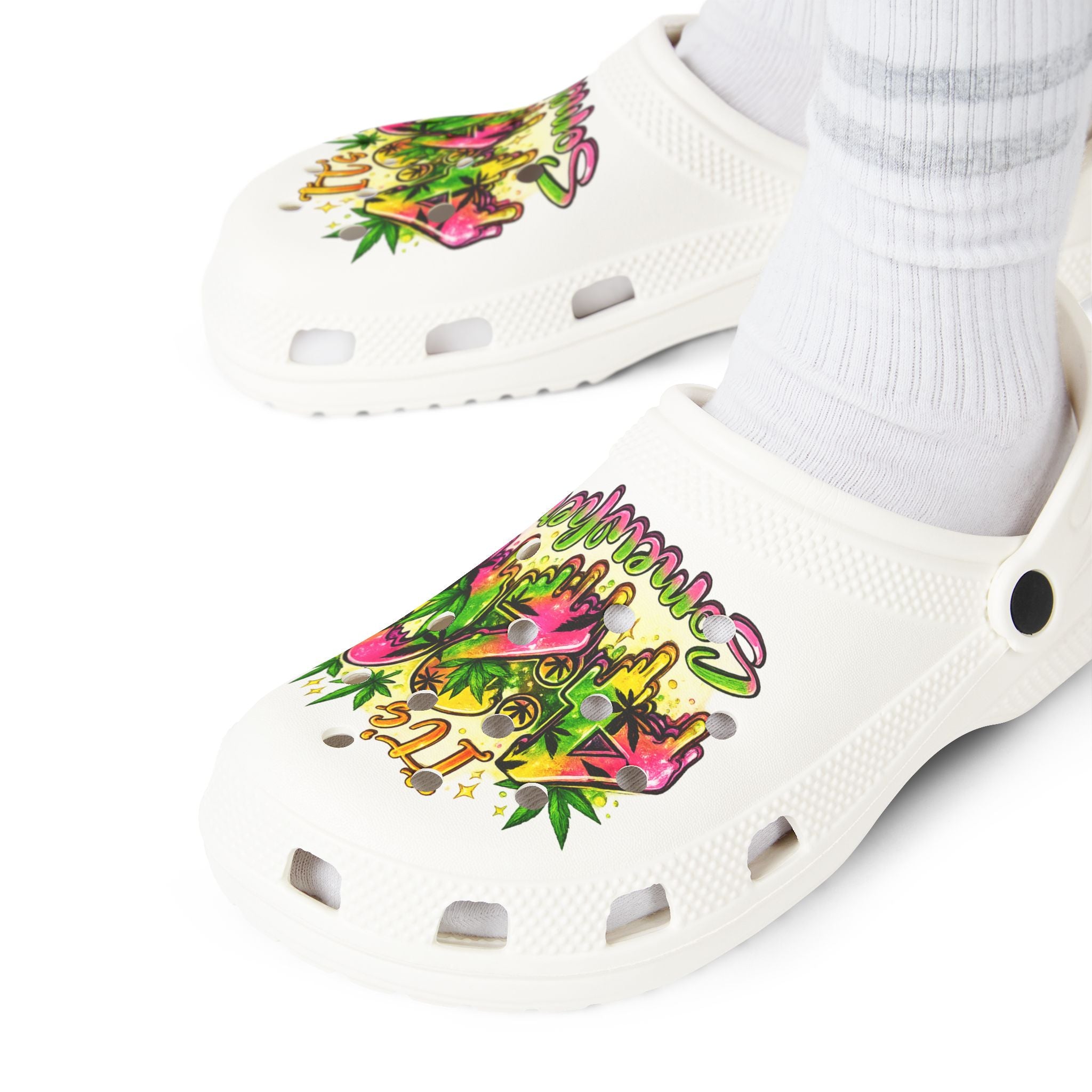 White EVA Foam Clogs — 'It’s 4:20 Somewhere' Tropical Cannabis Graphic