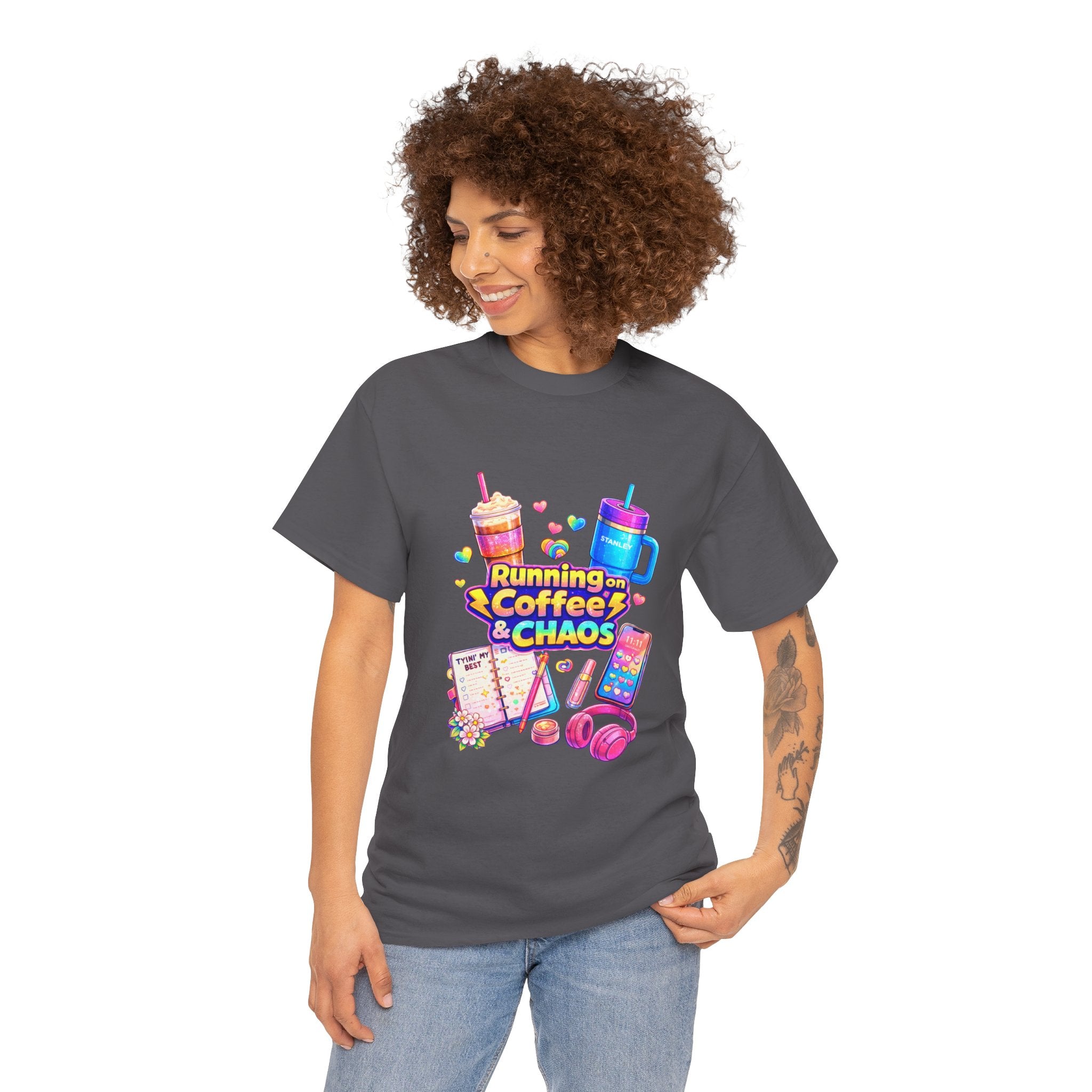 Graphic Tee — "Running on Coffee & Chaos" Colorful Planner Lover Shirt