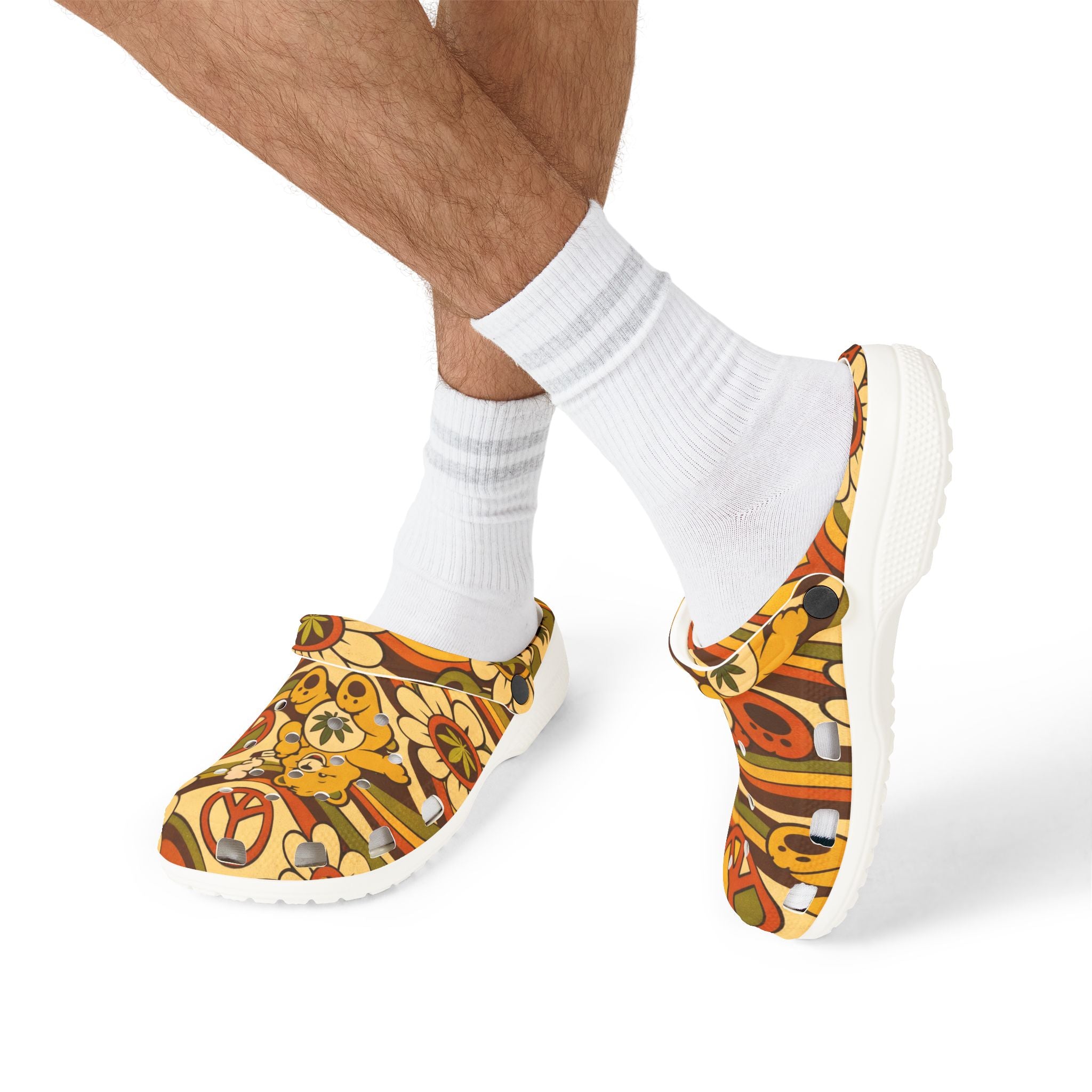 Retro Flower Power EVA Clogs — 70s Peace Sign Floral Slip-On Shoes