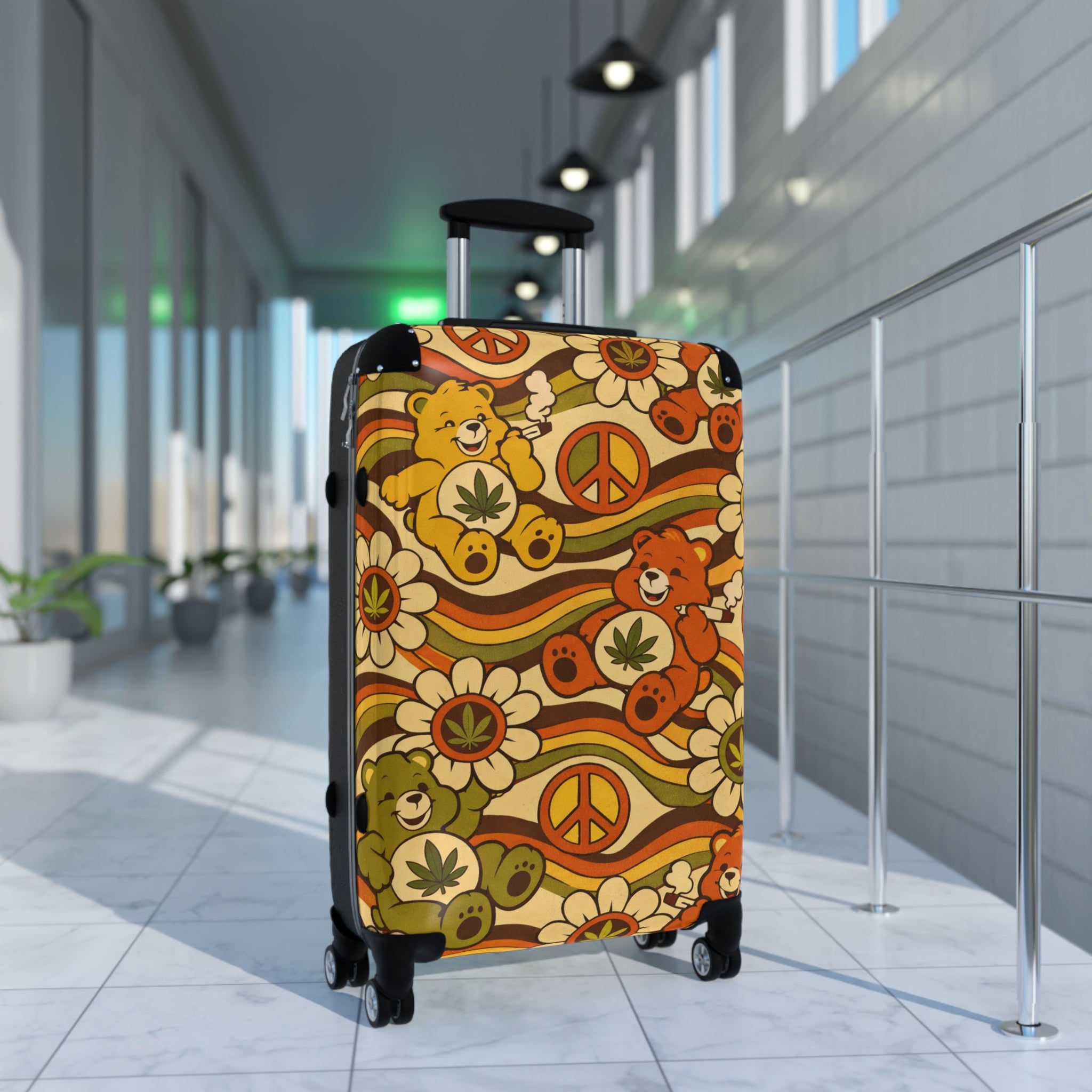 Retro Peace Bear Suitcase – 70s Floral & Peace Sign Luggage