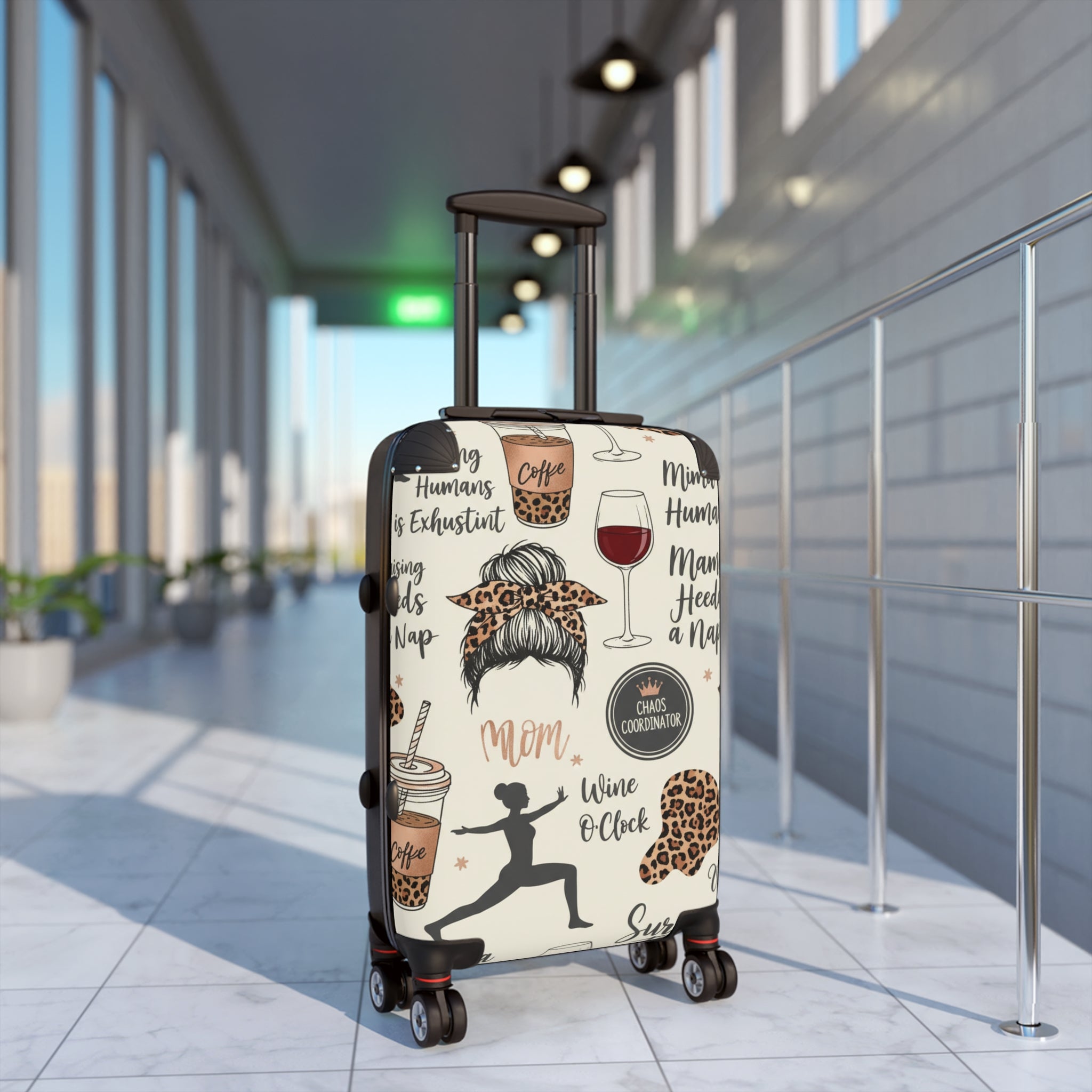 Mama Travel Suitcase - Funny Mom Pattern with Wine, Coffee & Leopard Print