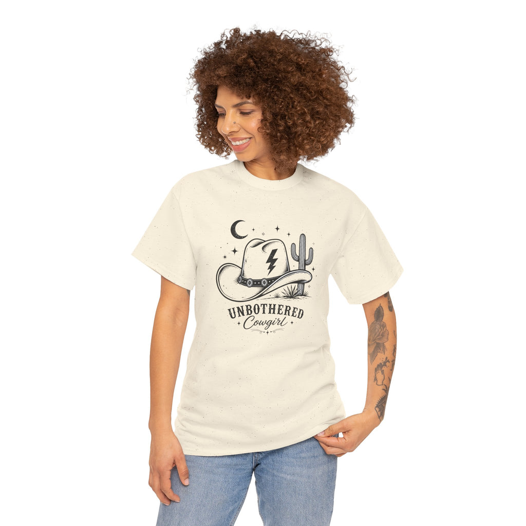 Unbothered Cowgirl Graphic Tee — Western Cowboy Hat & Cactus Design